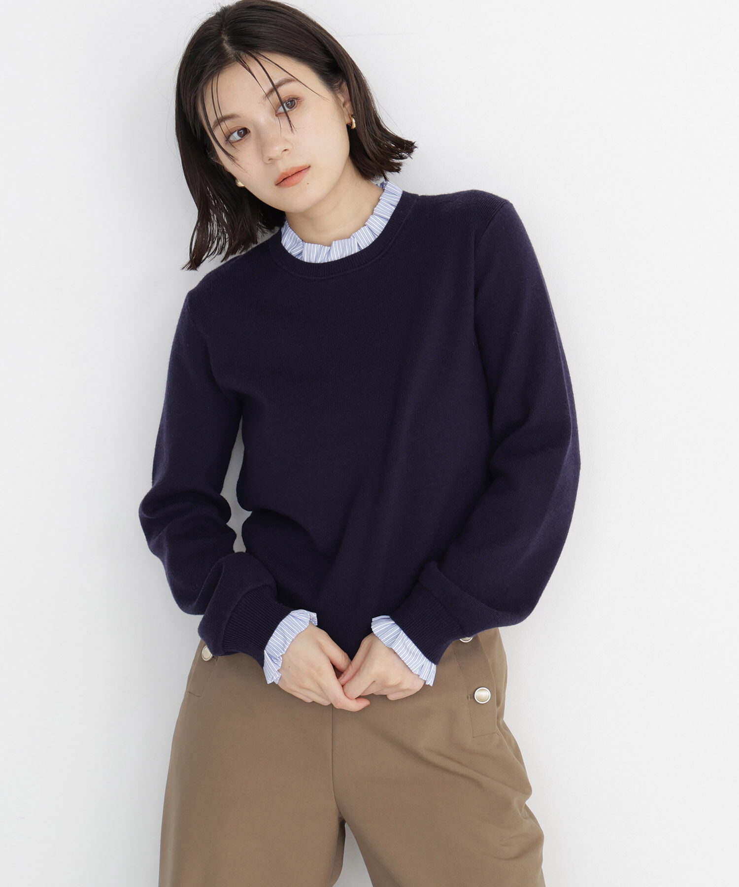  「ストライプフリルネックニット 26AW」|ニット・セーター|ネイビー2
