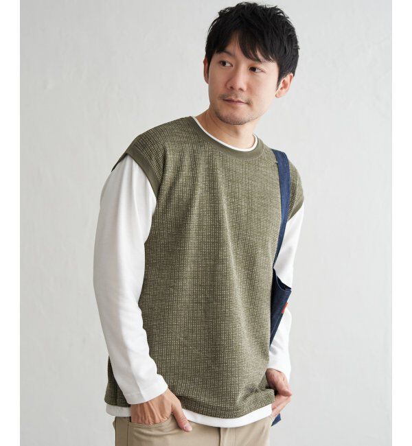 ikka「ビッグワッフルフェイクベストロンT」|Tシャツ・カットソー|カーキ