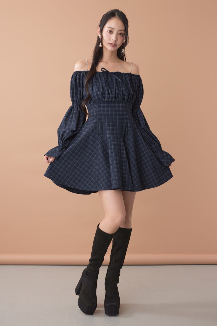 rienda「オフショルチェックミニワンピース」|ワンピース|