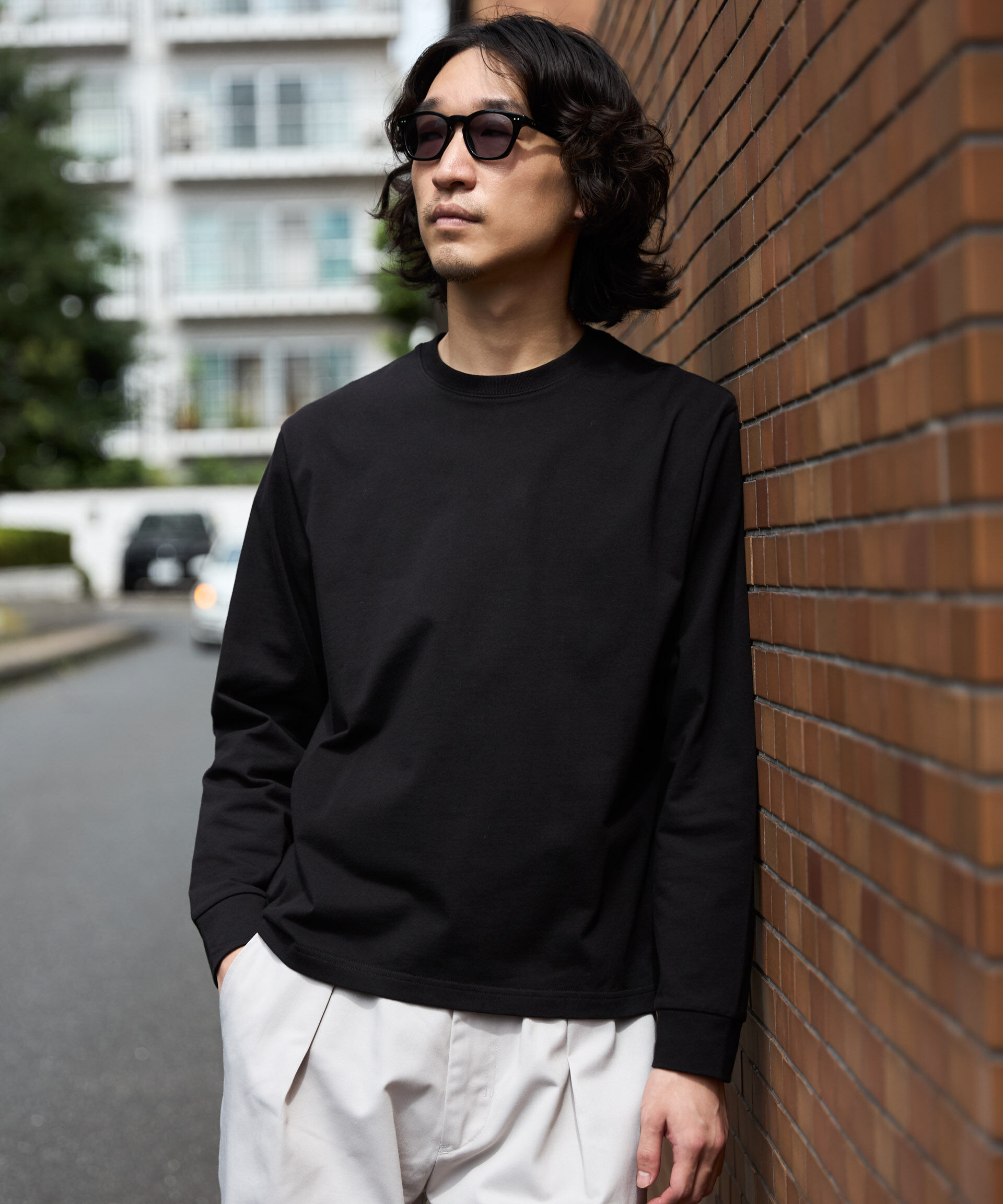 NANO universe「WEB限定/度詰めプレーティングクロップドTシャツ長袖」|Tシャツ・カットソー|ブラック