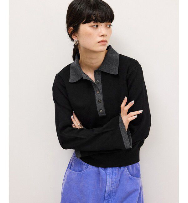 ADAM ET ROPE'「【WEB限定】・【定番】バイカラーポロニットプルオーバー」|ポロシャツ|ブラック系(02)