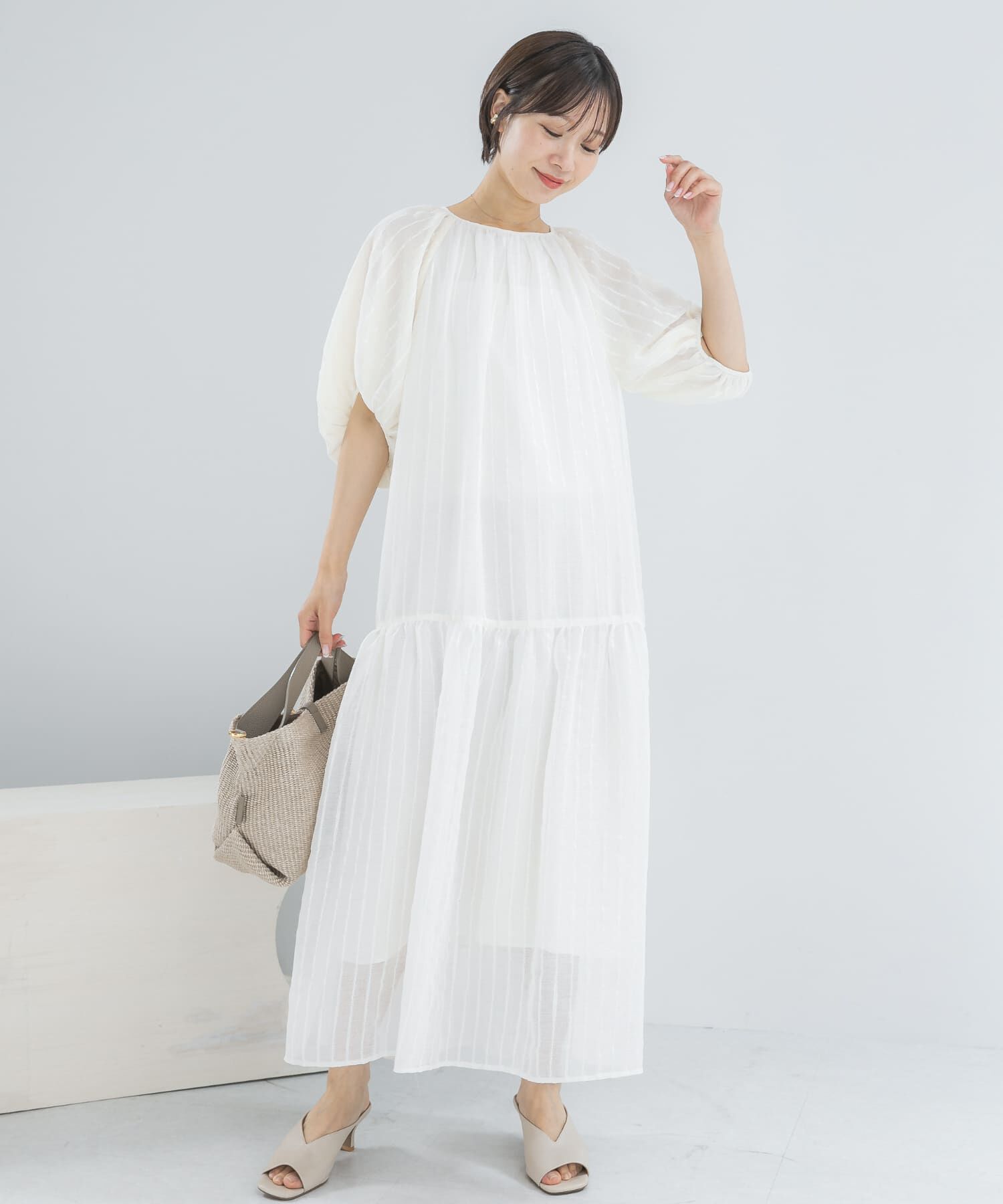 URBAN RESEARCH ROSSO「シアーストライプボリュームスリーブワンピース」|ワンピース|