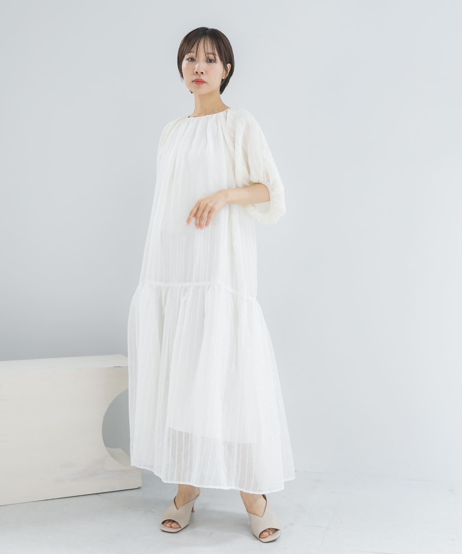 URBAN RESEARCH ROSSO「シアーストライプボリュームスリーブワンピース」|ワンピース|