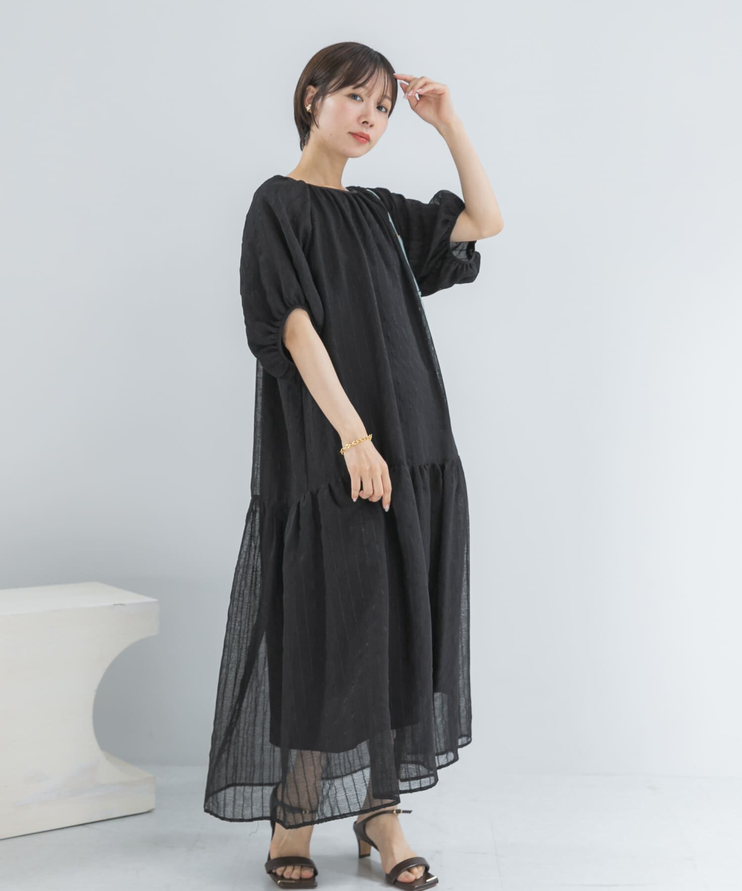 URBAN RESEARCH ROSSO「シアーストライプボリュームスリーブワンピース」|ワンピース|