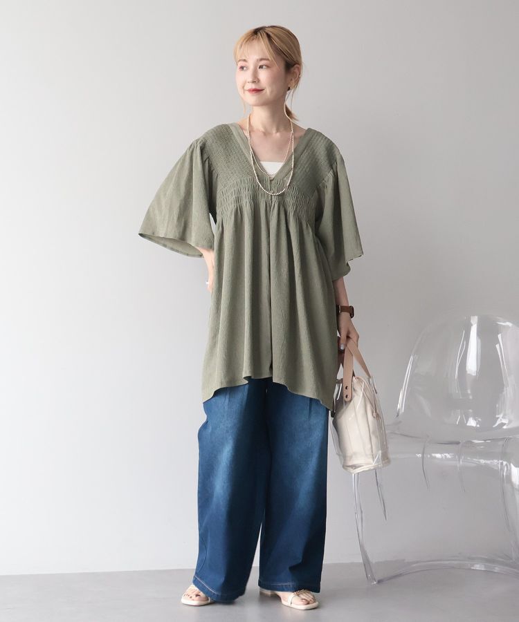 AMERICAN HOLIC「【WEB限定】前後2WAYVネックシャーリングチュニックブラウス【吸水速乾・イージーケア】」|Tシャツ・カットソー|