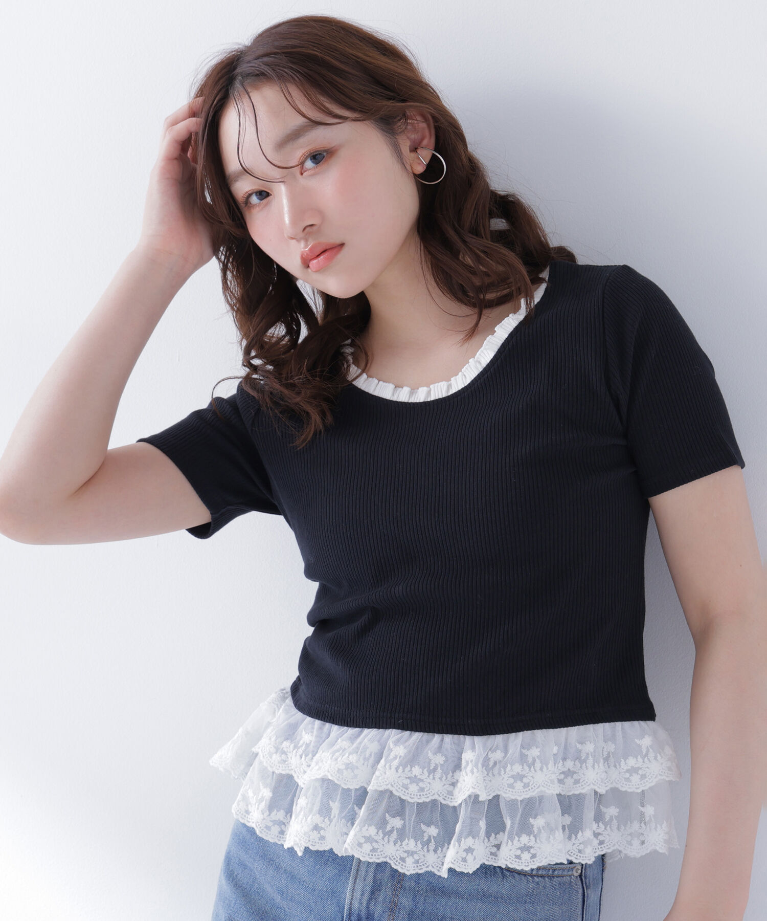  「レースドッキングフリルカットソー」|Tシャツ・カットソー|