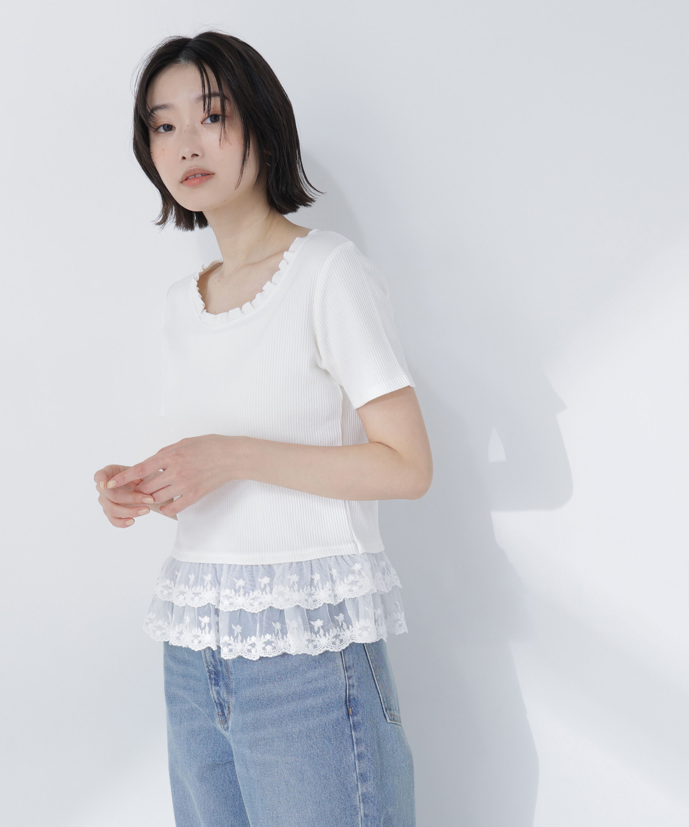  「レースドッキングフリルカットソー」|Tシャツ・カットソー|