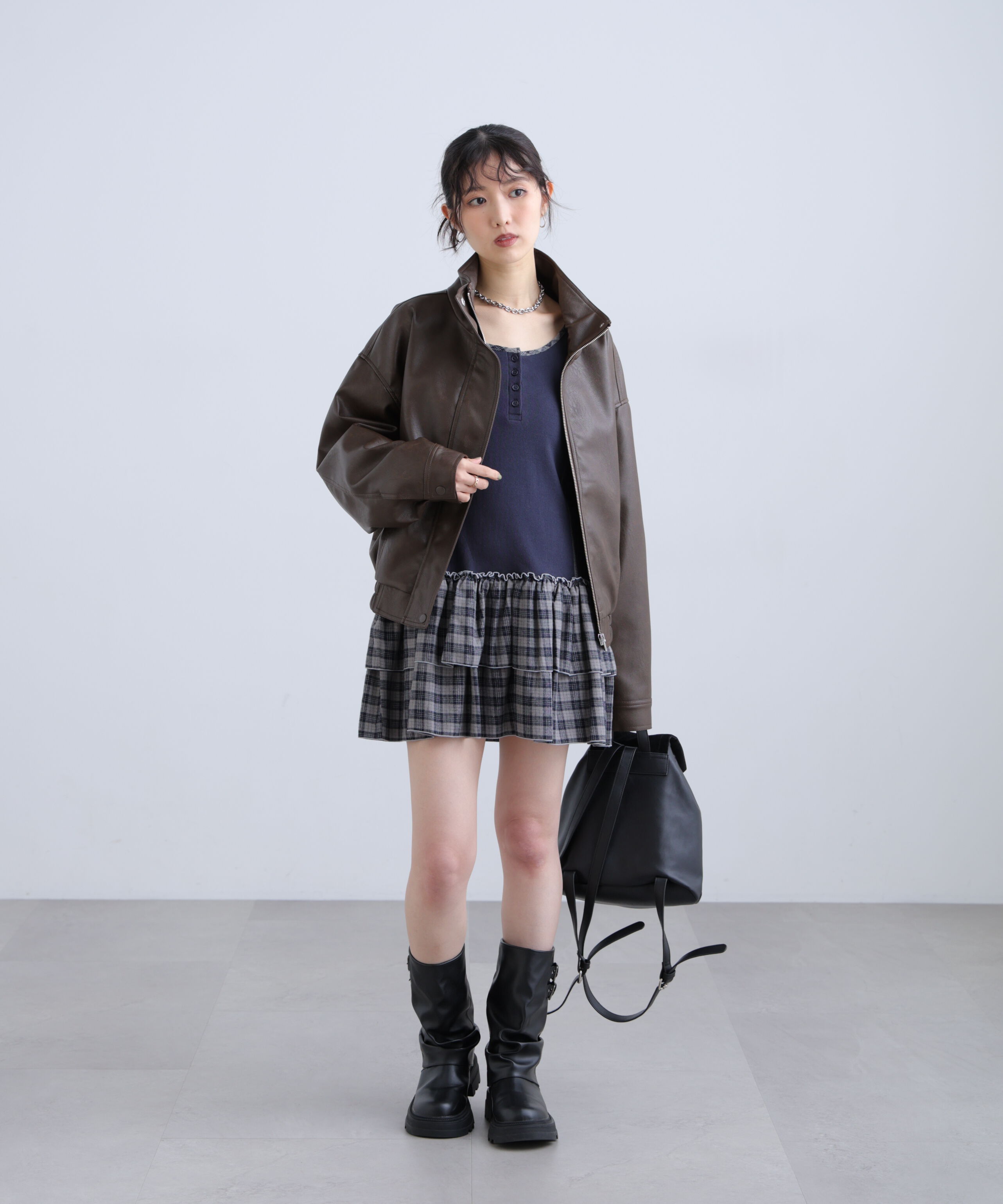  「ヘンリーネックドッキングティアードミニワンピース」|ワンピース|