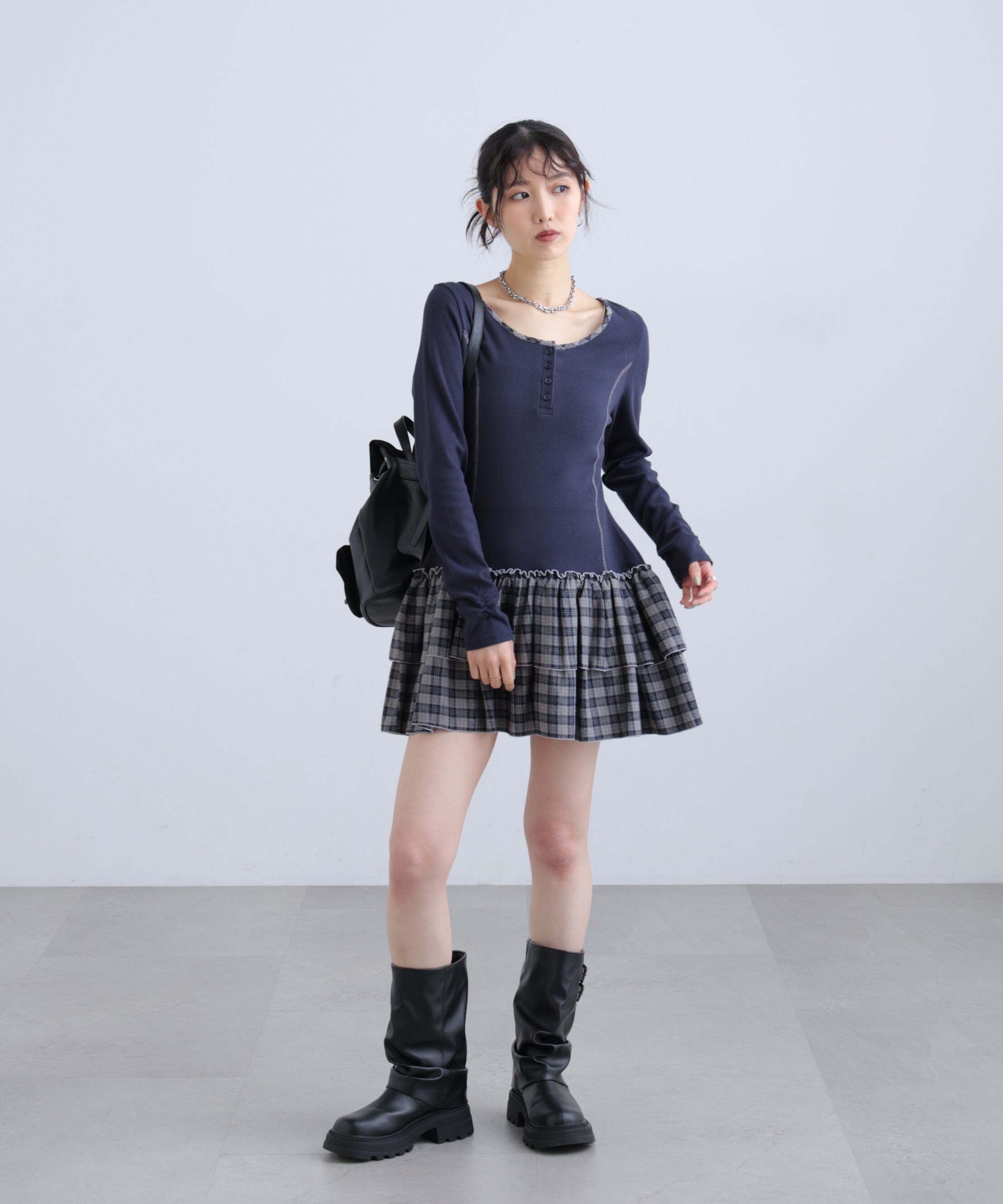  「ヘンリーネックドッキングティアードミニワンピース」|ワンピース|