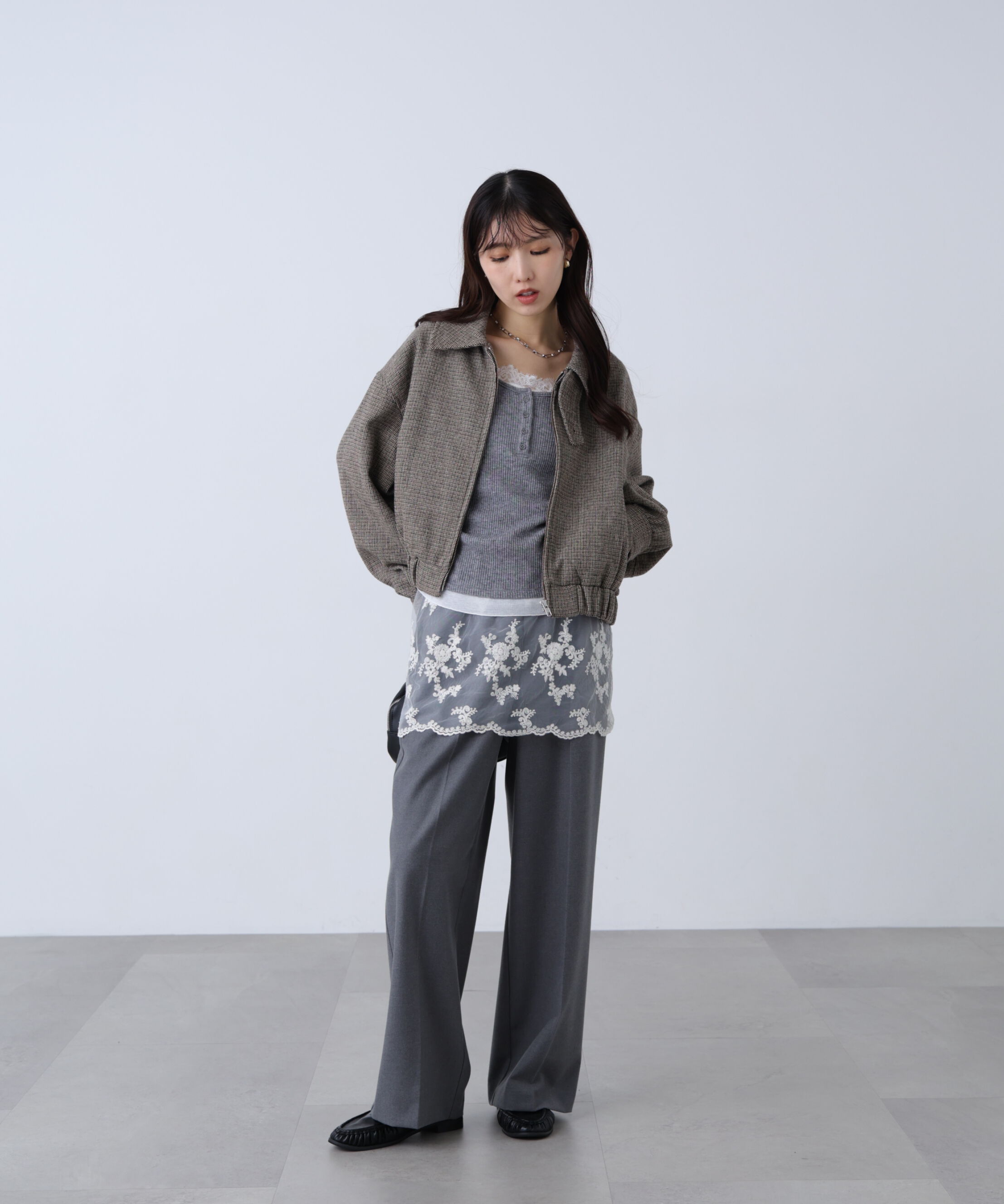  「レースキャミレイヤード風ヘンリーネックカットソー」|Tシャツ・カットソー|