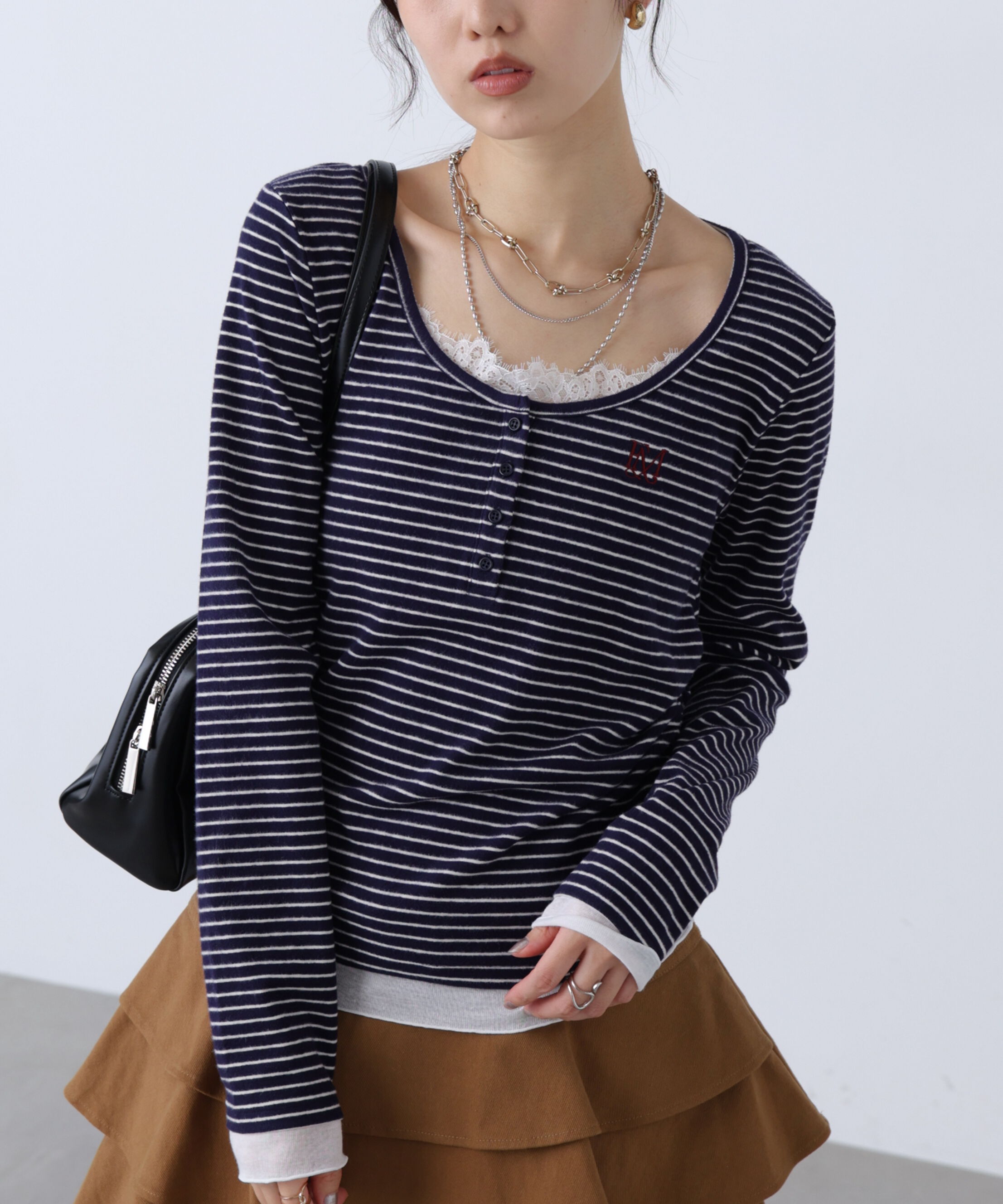  「レースキャミレイヤード風ヘンリーネックカットソー」|Tシャツ・カットソー|