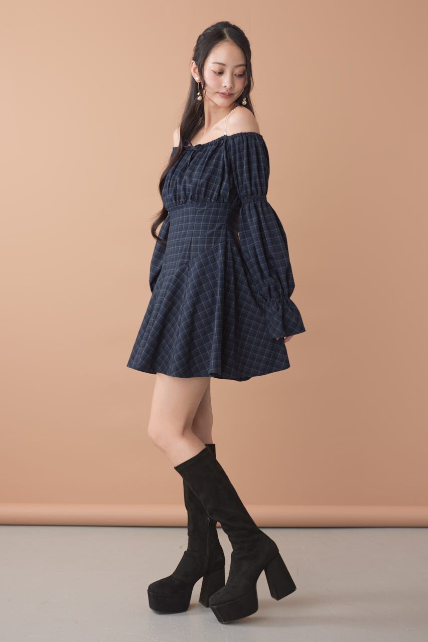 rienda「オフショルチェックミニワンピース」|ワンピース|