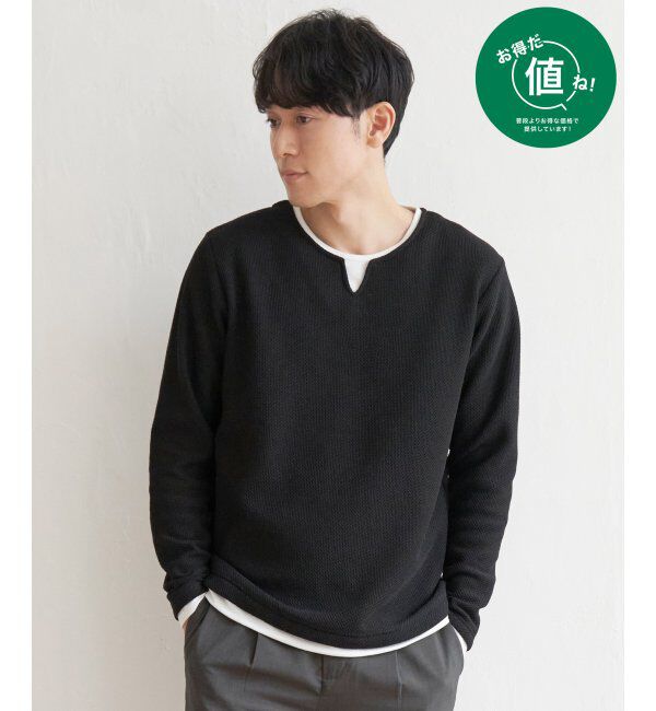 ikka「ワッフルキーネックレイヤード」|Tシャツ・カットソー|ブラック
