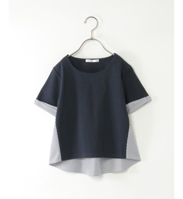 ikka kids「【親子おそろい】袖リボンストライプ切り替えTシャツ（120~160cm）」|Tシャツ・カットソー|ネイビー