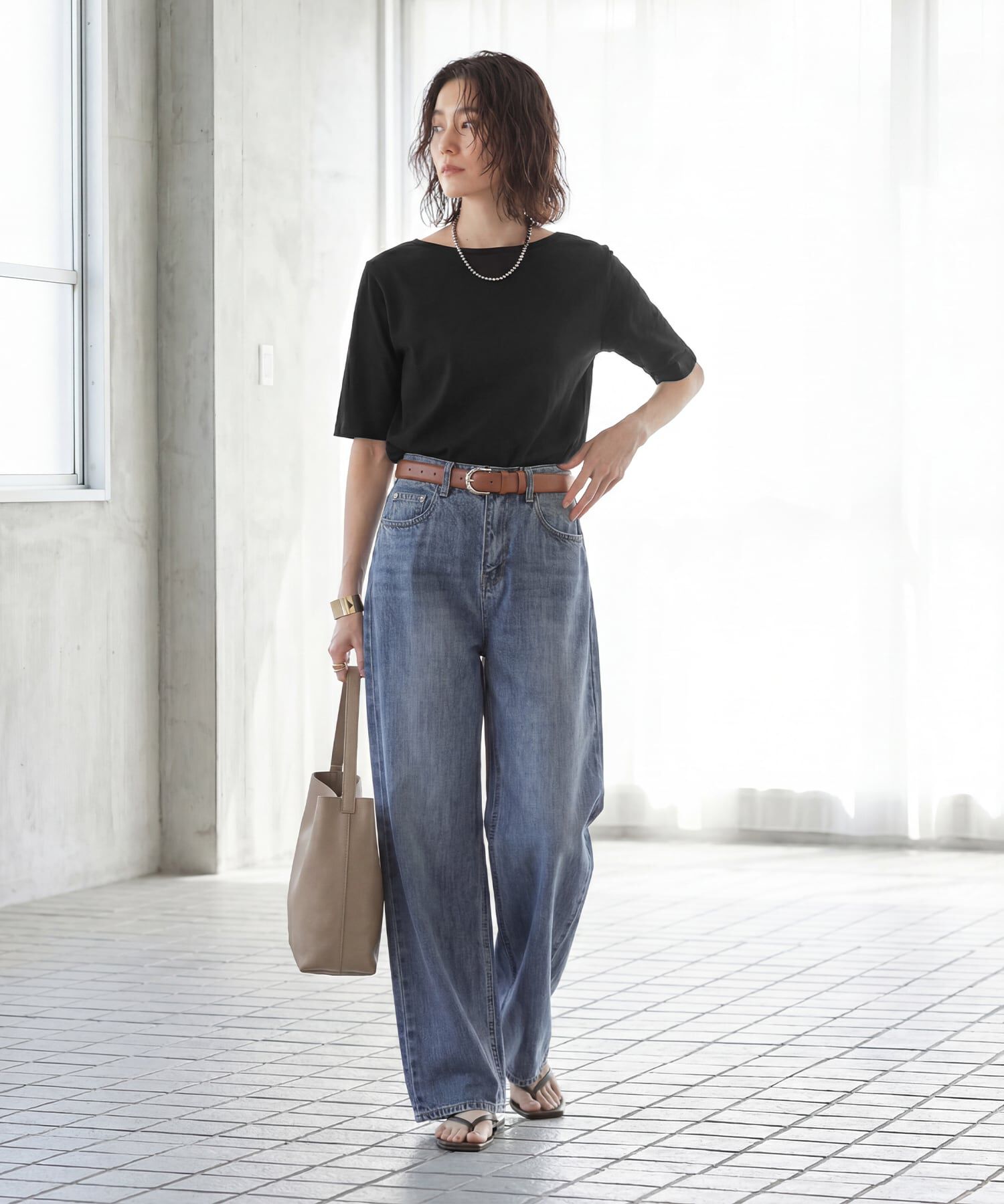 STYLE DELI「サラッとした５分袖ボートネックニットB」|ニット・セーター|