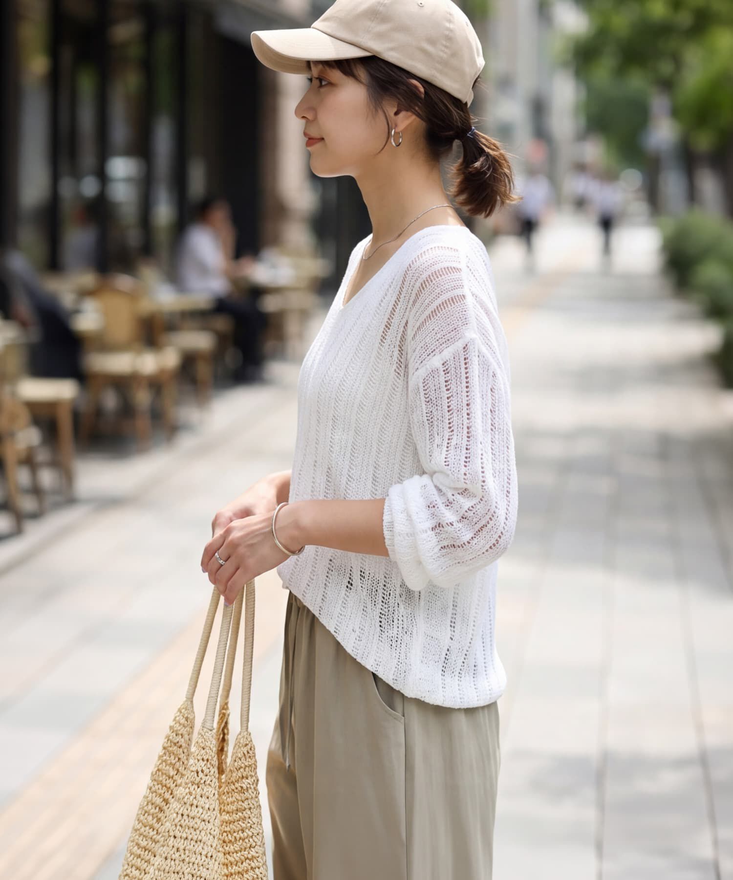 STYLE DELI「涼しいストライプ編みVネックシアーニット」|ニット・セーター|