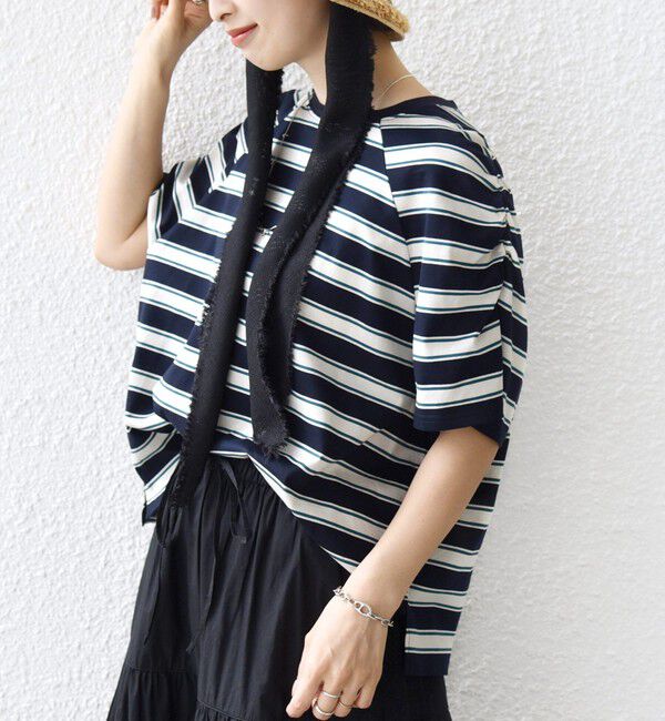 SHIPS for women「〈手洗い可能〉ボーダー / ソリッド 袖ギャザー ショートスリーブ プルオーバー」|Tシャツ・カットソー|