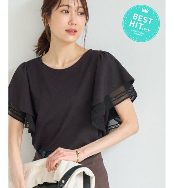 Rope&rsquo;Picnic「【ベストヒット】レースドッキングフレアスリーブカットトップス/UVカット・接触冷感」|Tシャツ・カットソー|ブラック(01)