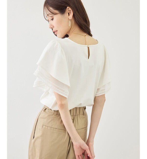 Rope&rsquo;Picnic「【ベストヒット】レースドッキングフレアスリーブカットトップス/UVカット・接触冷感」|Tシャツ・カットソー|