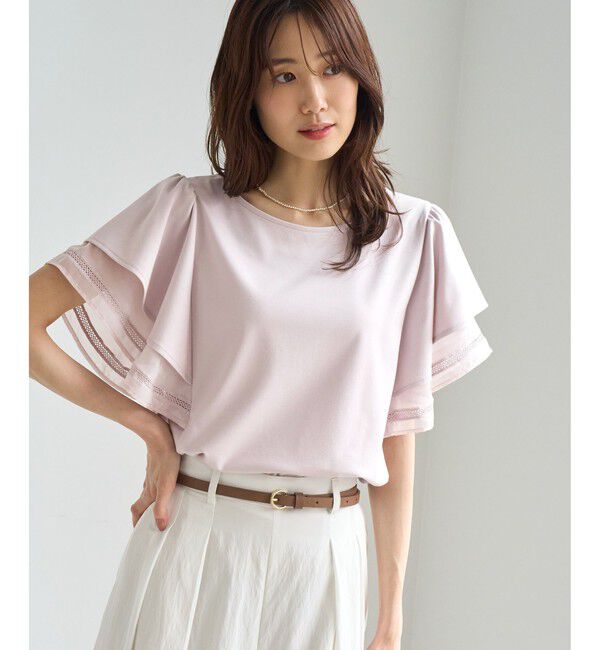 Rope&rsquo;Picnic「【ベストヒット】レースドッキングフレアスリーブカットトップス/UVカット・接触冷感」|Tシャツ・カットソー|
