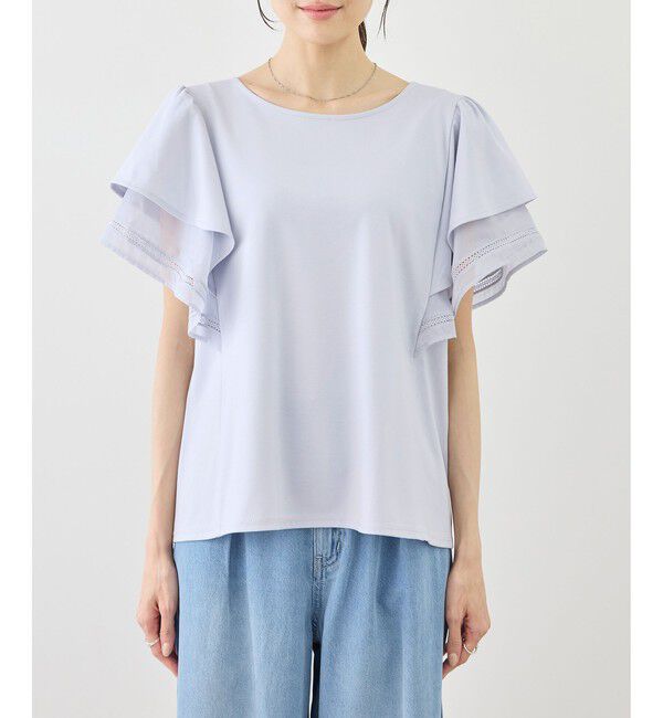 Rope&rsquo;Picnic「【ベストヒット】レースドッキングフレアスリーブカットトップス/UVカット・接触冷感」|Tシャツ・カットソー|