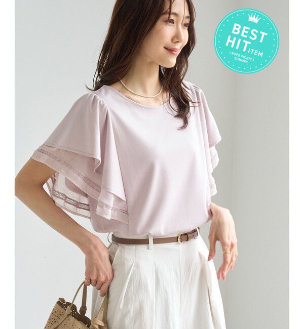 Rope&rsquo;Picnic「【ベストヒット】レースドッキングフレアスリーブカットトップス/UVカット・接触冷感」|Tシャツ・カットソー|ローズピンク(64)