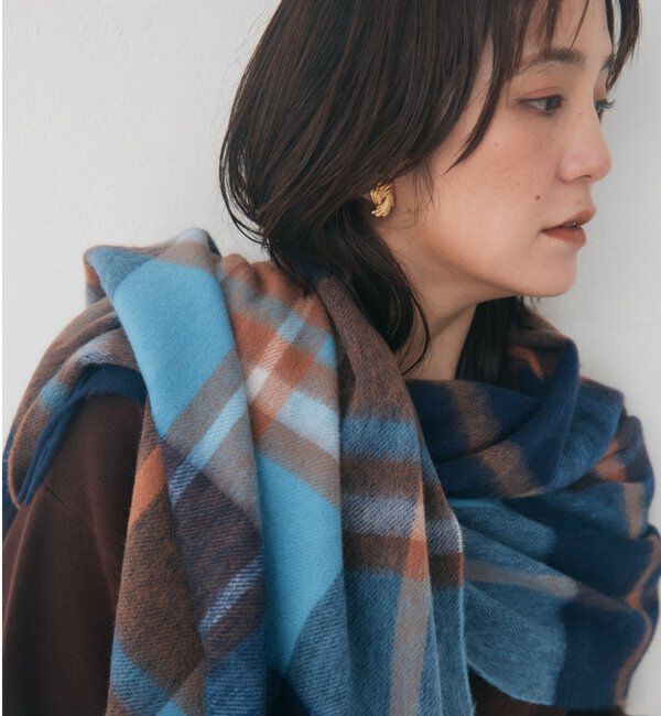  「ラムズウールチェックストール」|ストール|ブルー
