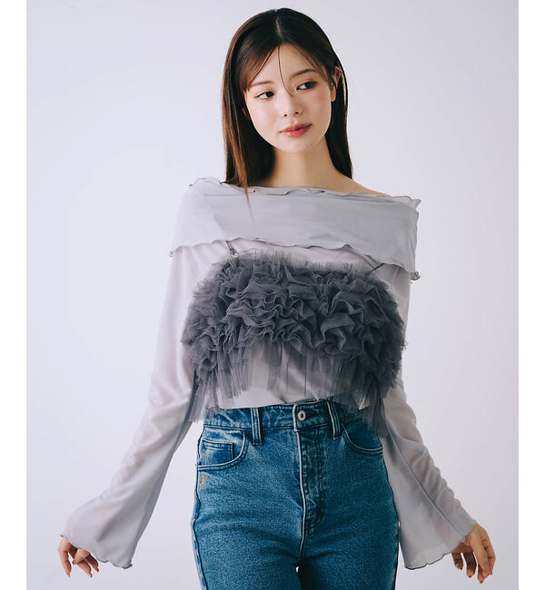 SELFIST「【2点セット】フリルオフショルカットソー&times;フリルビスチェ」|Tシャツ・カットソー|グレー