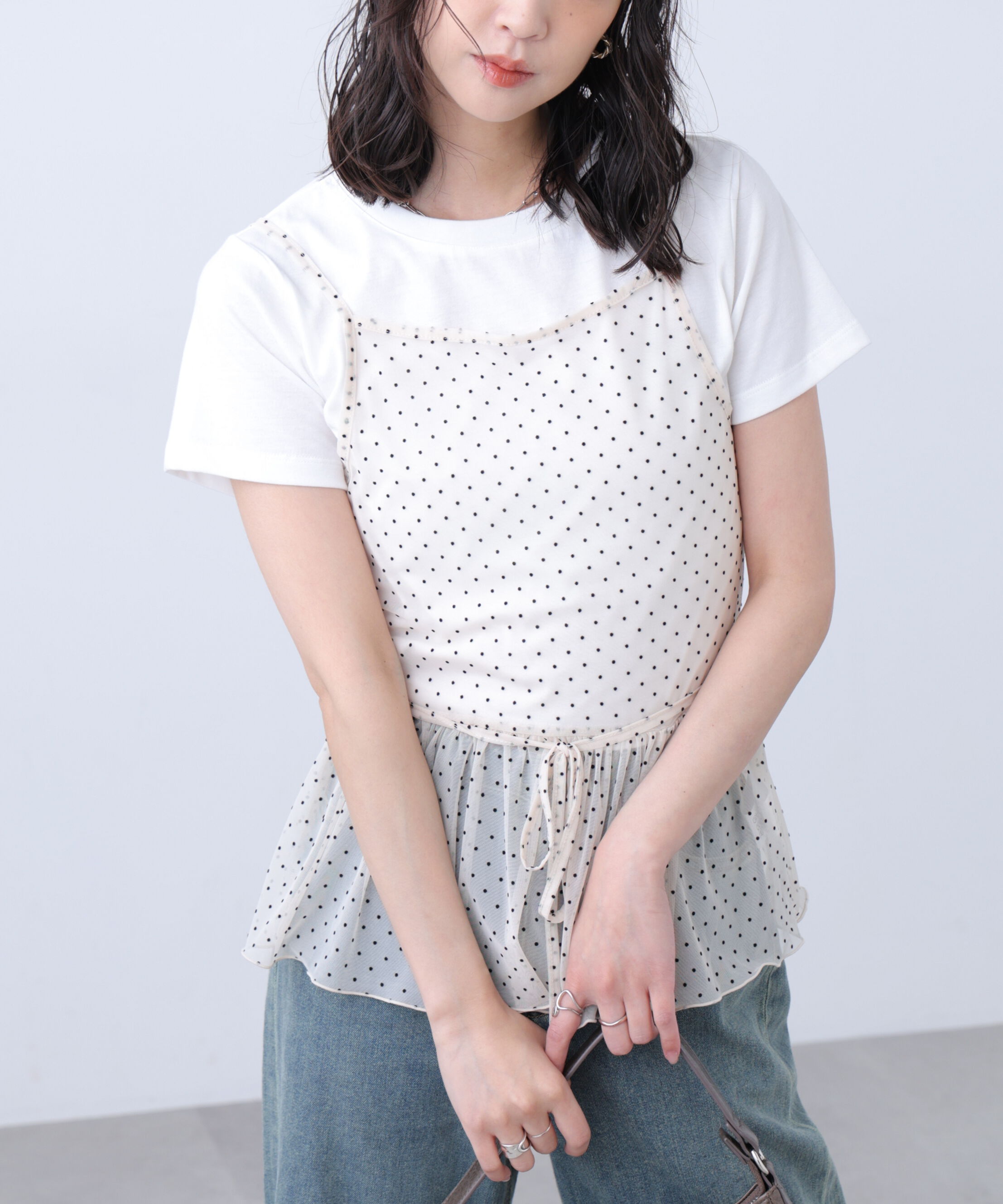  「2WAYシアードットホルターキャミ&times;半袖カットソーセット」|Tシャツ・カットソー|