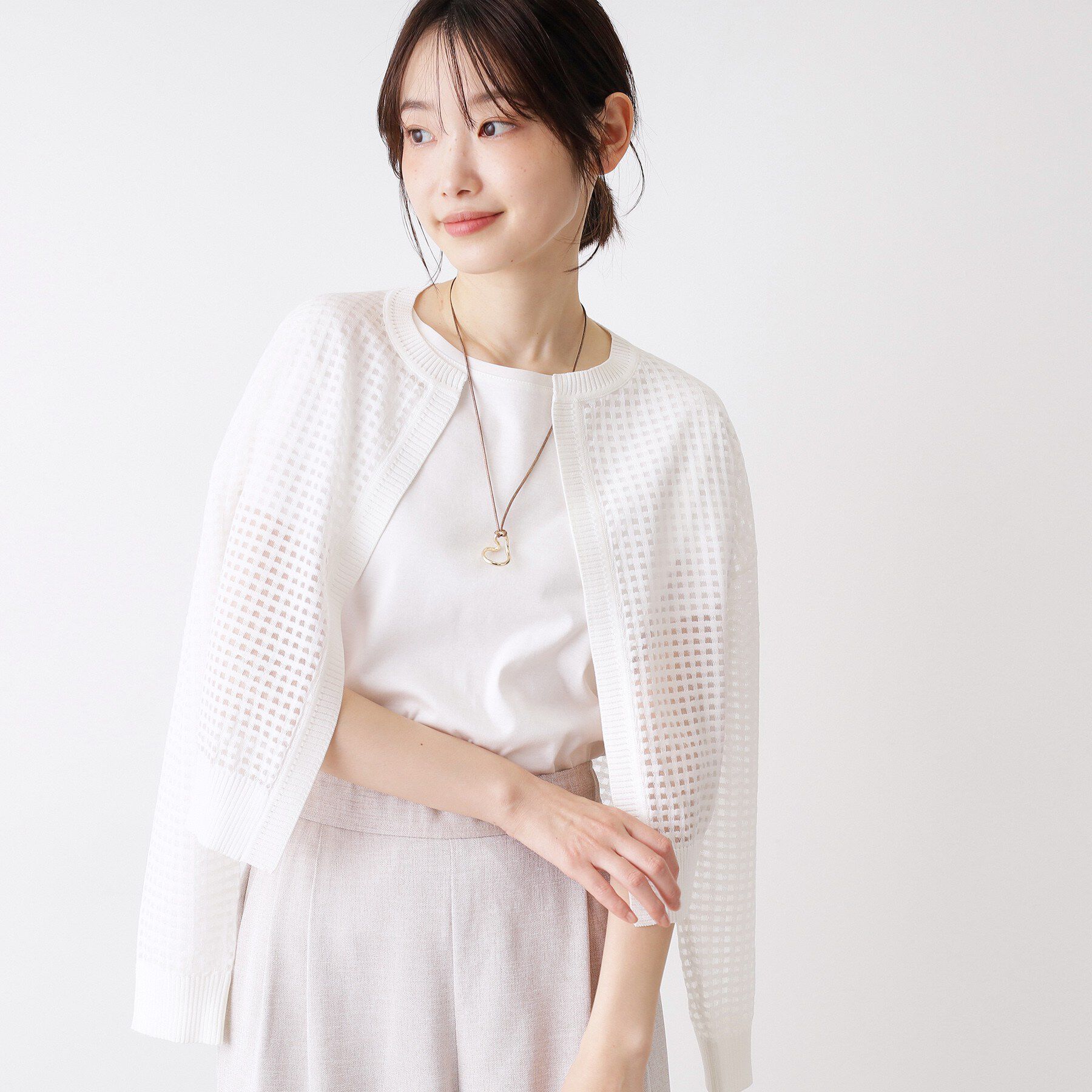 Dessin「【洗える】チェック柄シアークルーネックカーディガン」|カーディガン|