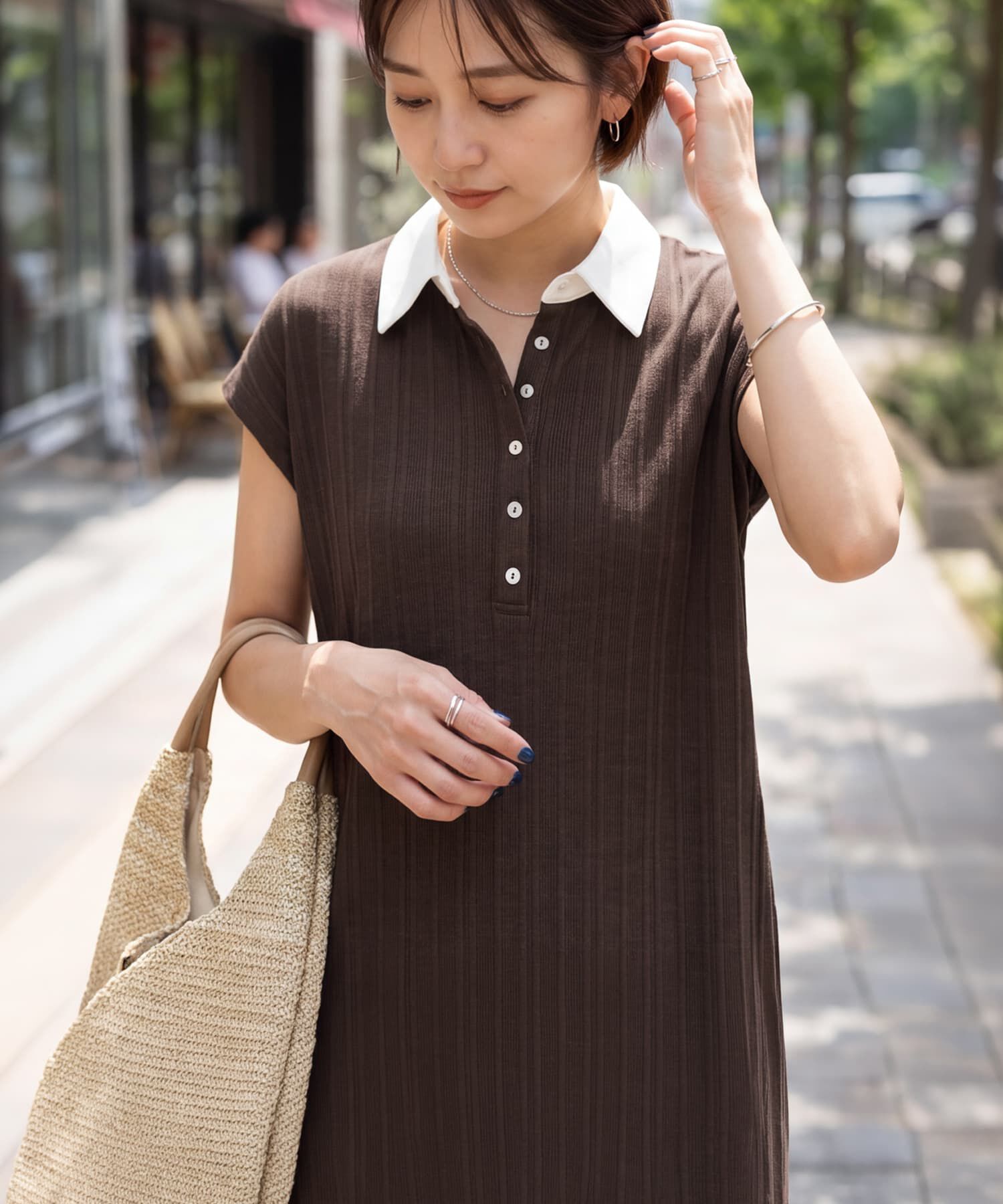 STYLE DELI「襟付きランダムリブカットソーワンピース」|ワンピース|