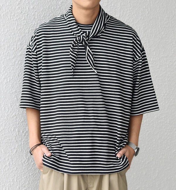 SHIPS any「SHIPS any:〈洗濯機可能〉マリンテイスト ボーダー リラックス Tシャツ(スカーフ付き)◇」|Tシャツ・カットソー|ブラック