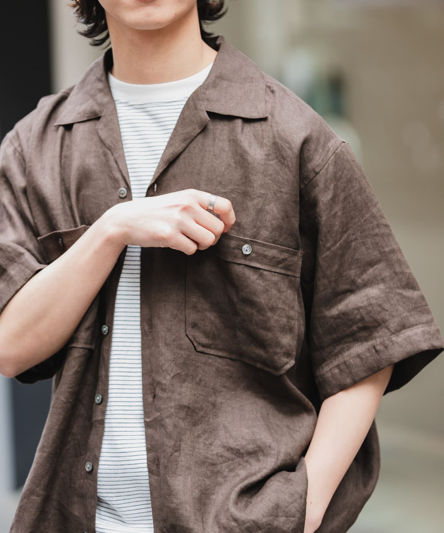 URBAN RESEARCH DOORS「FORK&SPOON　フレンチリネンオープンカラーショートスリーブシャツ」|シャツ・ブラウス|