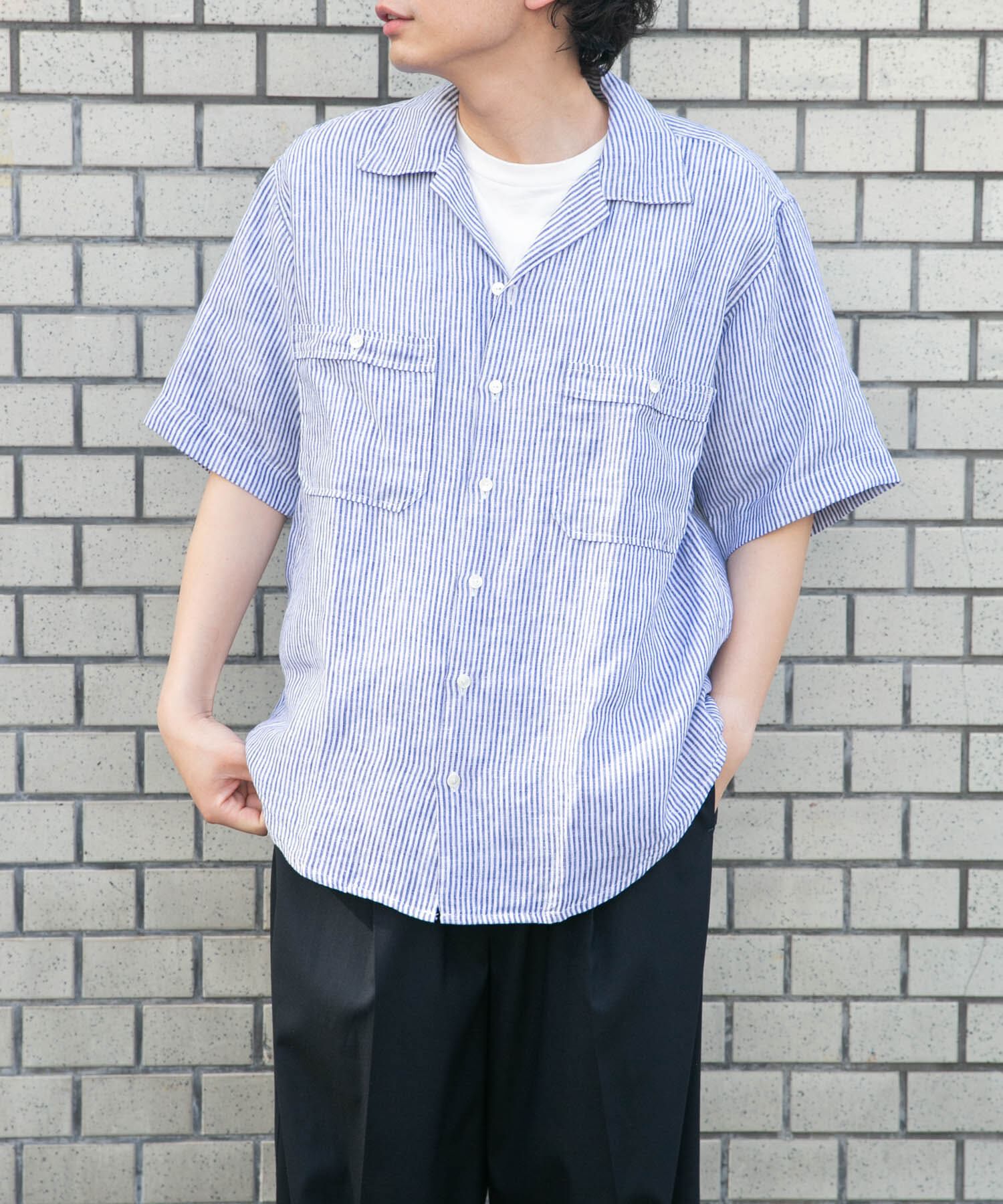 URBAN RESEARCH DOORS「FORK&SPOON　フレンチリネンオープンカラーショートスリーブシャツ」|シャツ・ブラウス|