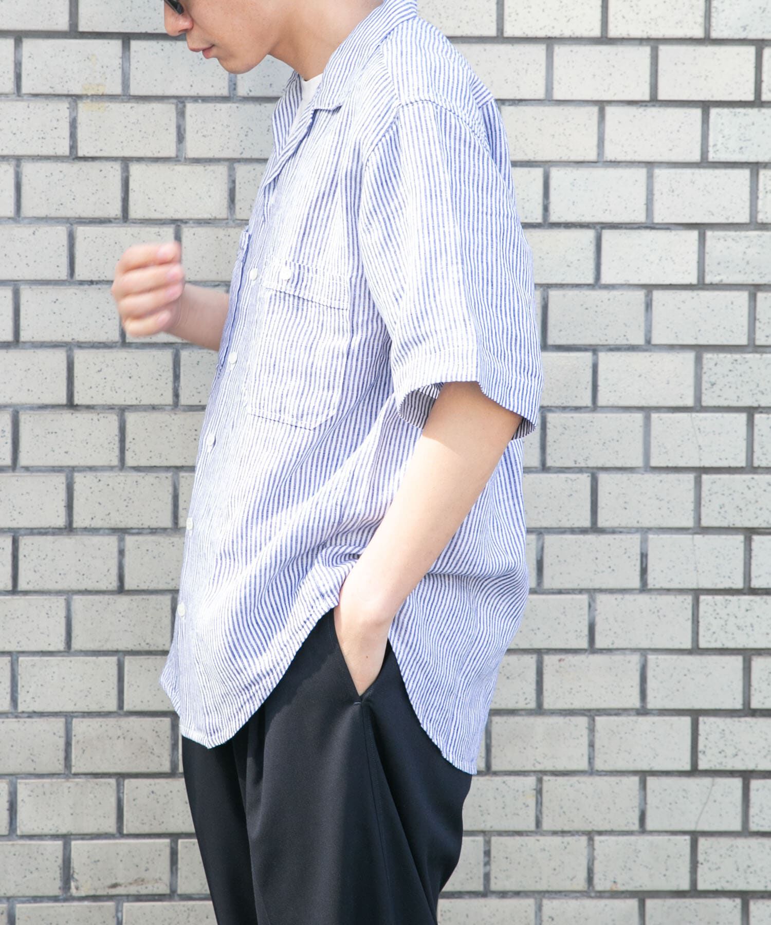 URBAN RESEARCH DOORS「FORK&SPOON　フレンチリネンオープンカラーショートスリーブシャツ」|シャツ・ブラウス|