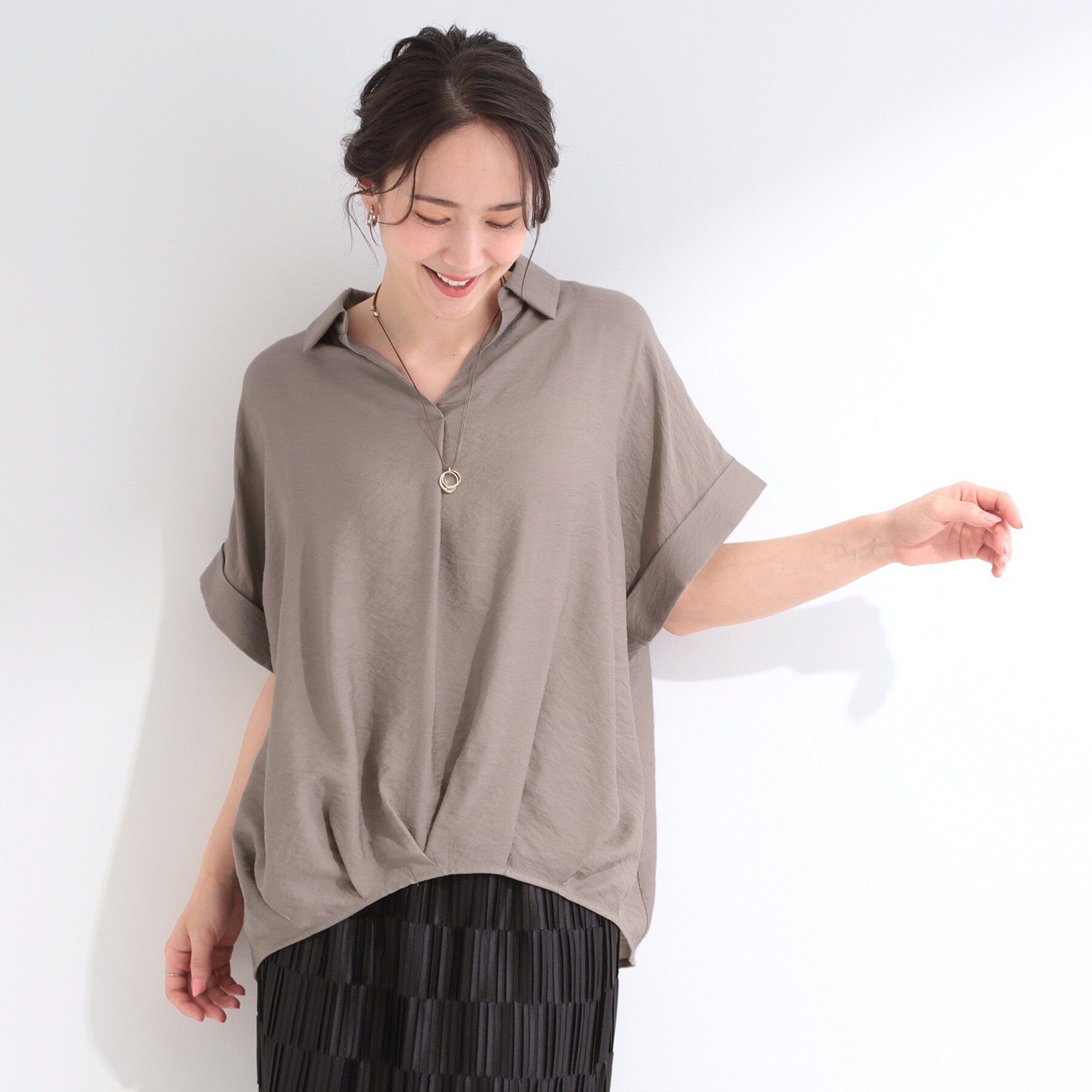 SHOO･LA･RUE「【S-LL/洗濯機可】インせず着られる 裾タック スキッパーシャツ」|シャツ・ブラウス|