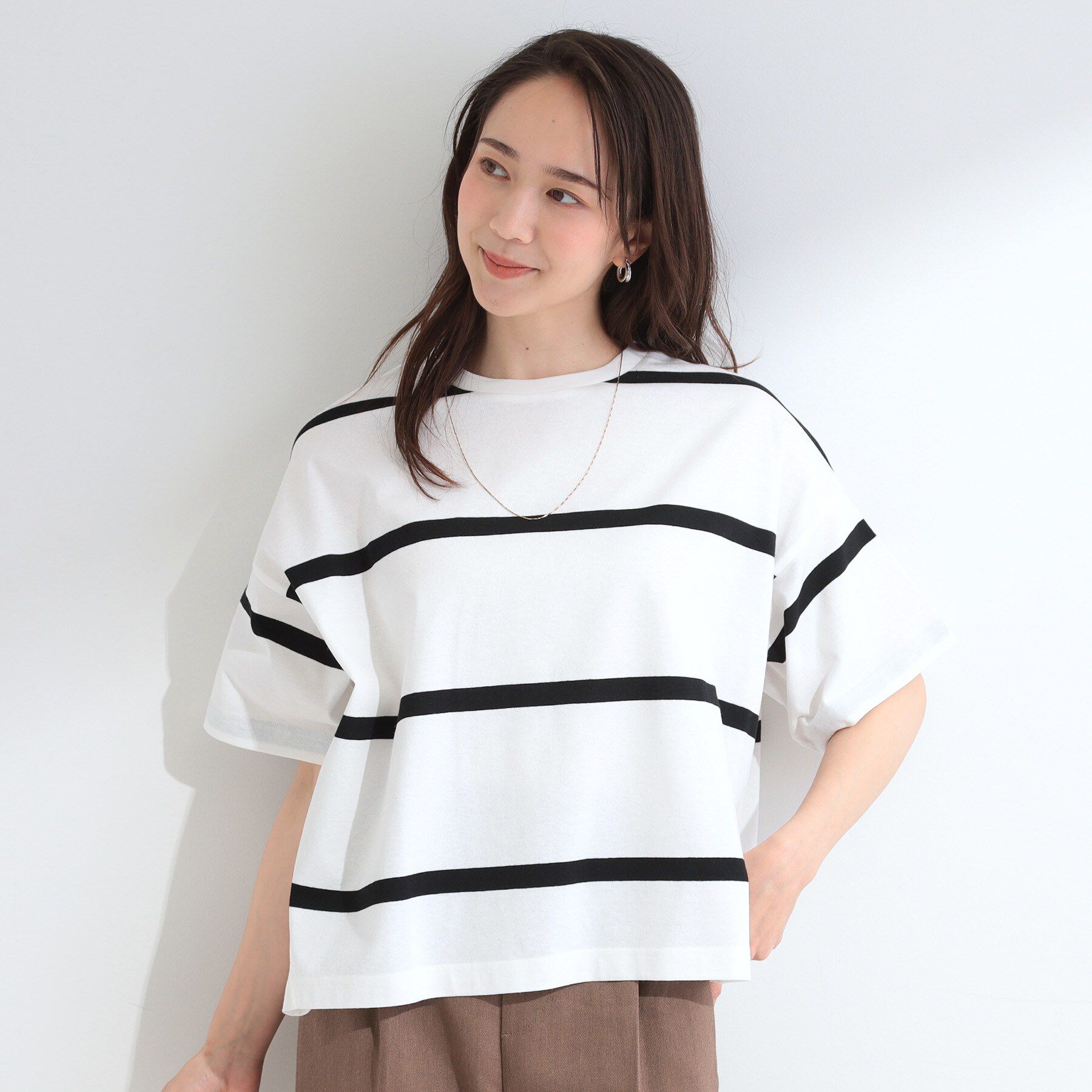 SHOO･LA･RUE「【S-LL】涼しげで爽やか 太ボーダー斜め切り替えTシャツ」|Tシャツ・カットソー|