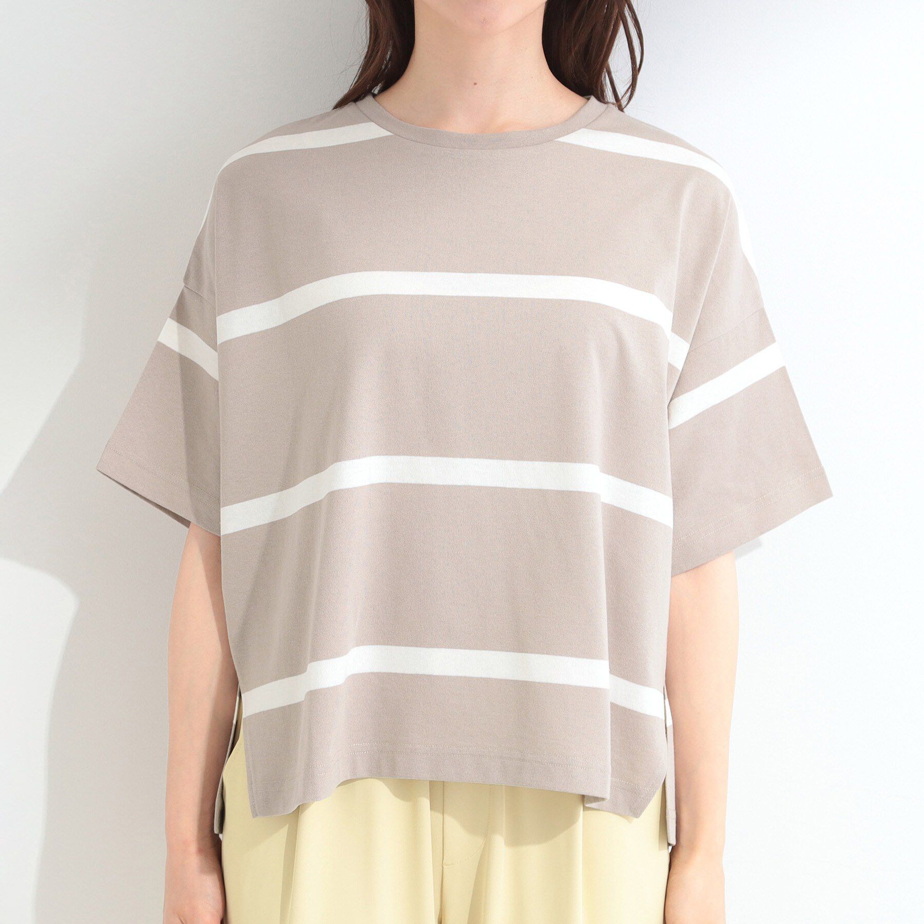 SHOO･LA･RUE「【S-LL】涼しげで爽やか 太ボーダー斜め切り替えTシャツ」|Tシャツ・カットソー|