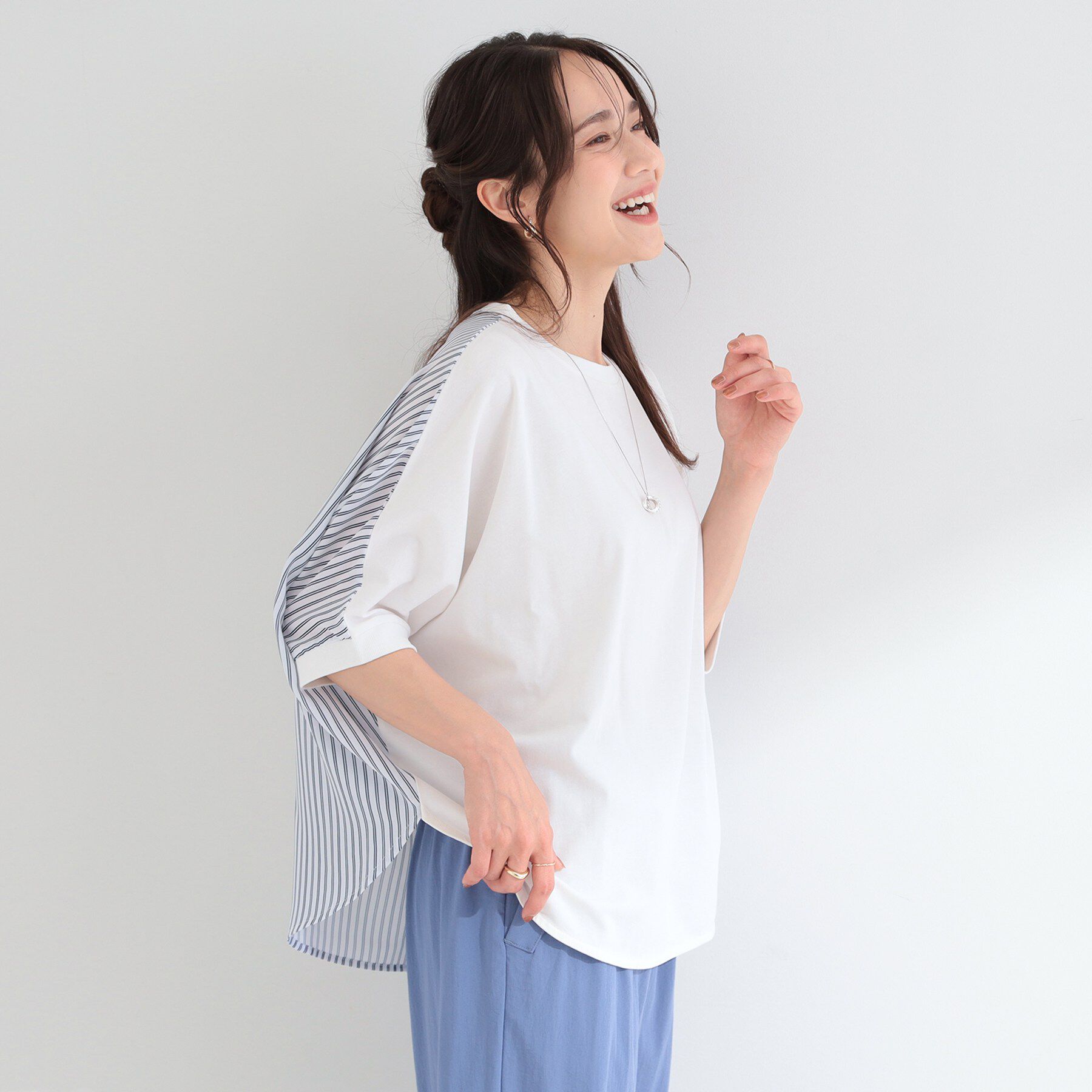 SHOO･LA･RUE「【体型カバー/洗濯機可】二の腕隠れる 前後切替ドルマンTシャツ」|Tシャツ・カットソー|