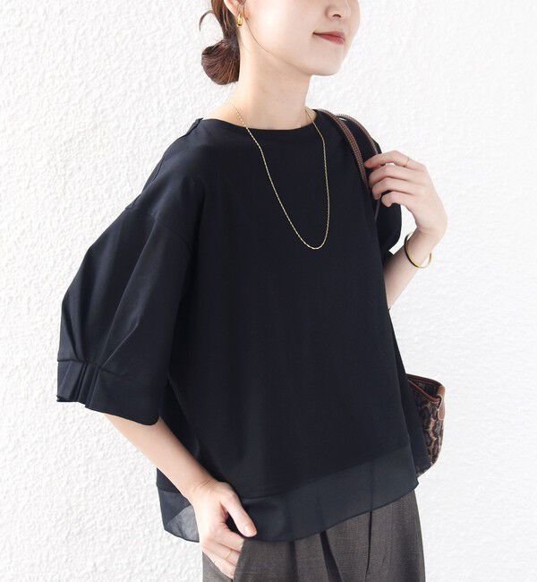 SHIPS for women「〈手洗い可能〉シアー コンビ 袖 タック デザイン プルオーバー」|Tシャツ・カットソー|