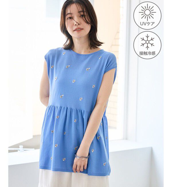 Rope&rsquo;Picnic「シャーベットニット 刺繍シアーペプラムニット/UVケア・接触冷感」|ニット・セーター|ブルー系(45)