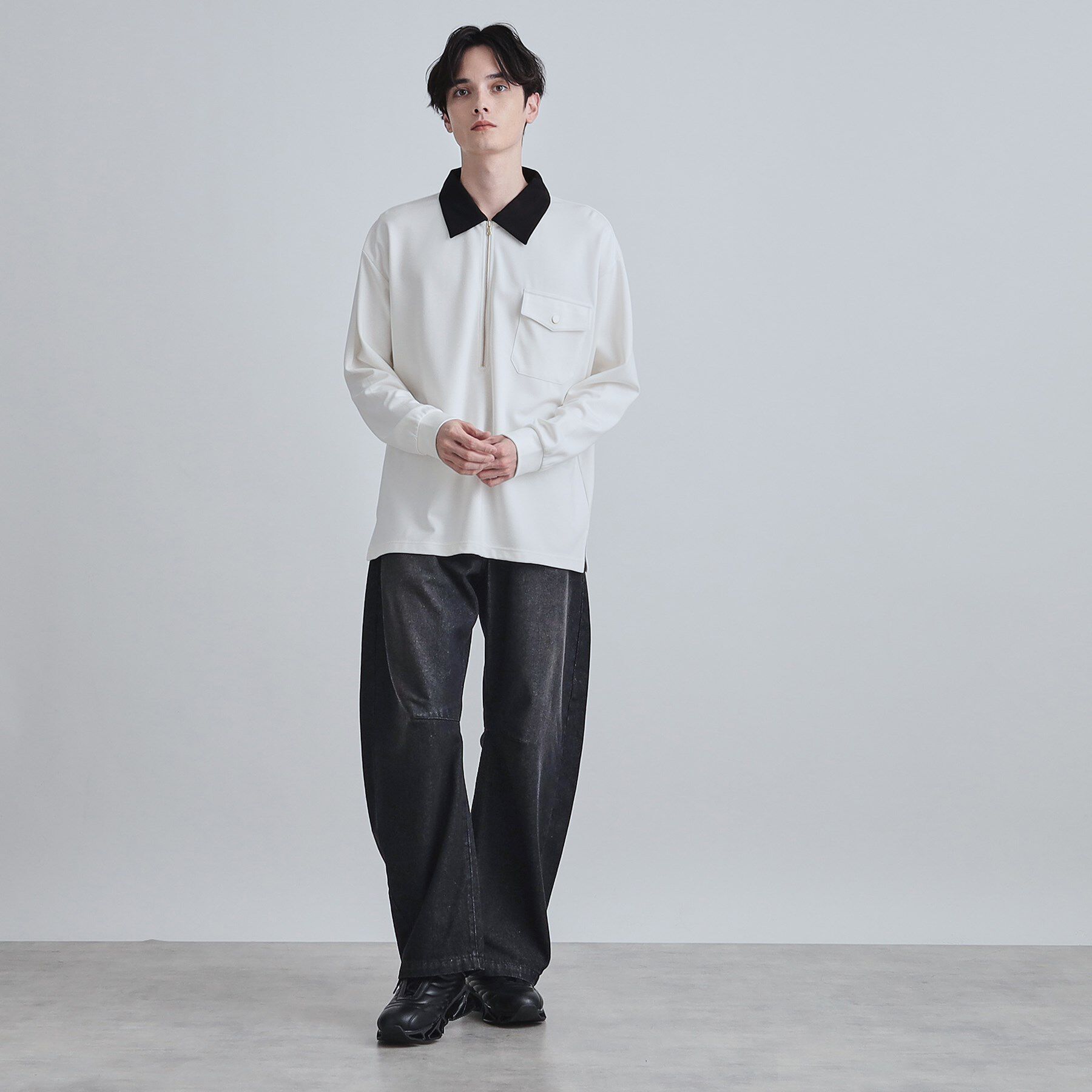 tk.TAKEO KIKUCHI「ハードポンチクレリックハーフジップカットソー/ポケット/襟配色/バイカラー」|Tシャツ・カットソー|