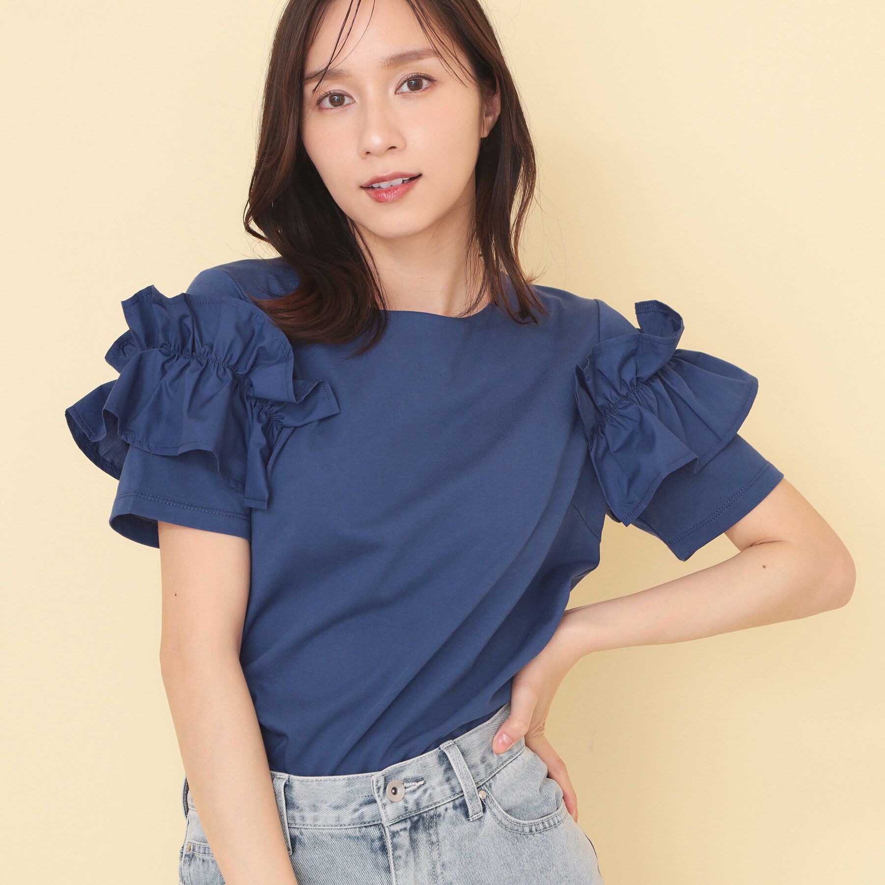 index「【接触冷感】フリルドッキングスリーブトップス《UVケア／洗濯機OK》」|Tシャツ・カットソー|ブルー(093)