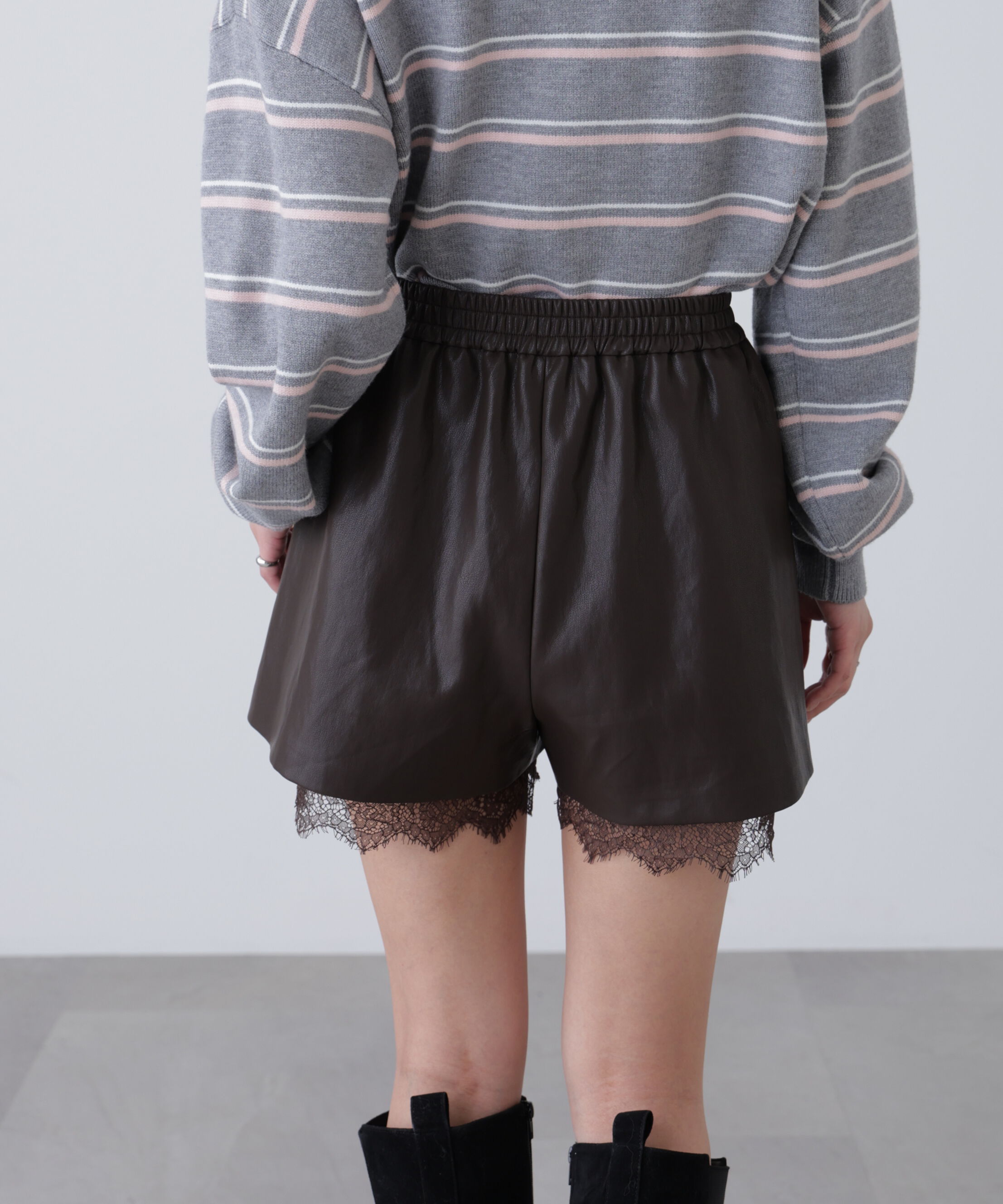  「レースレイヤードエコレザーショートパンツ」|その他|