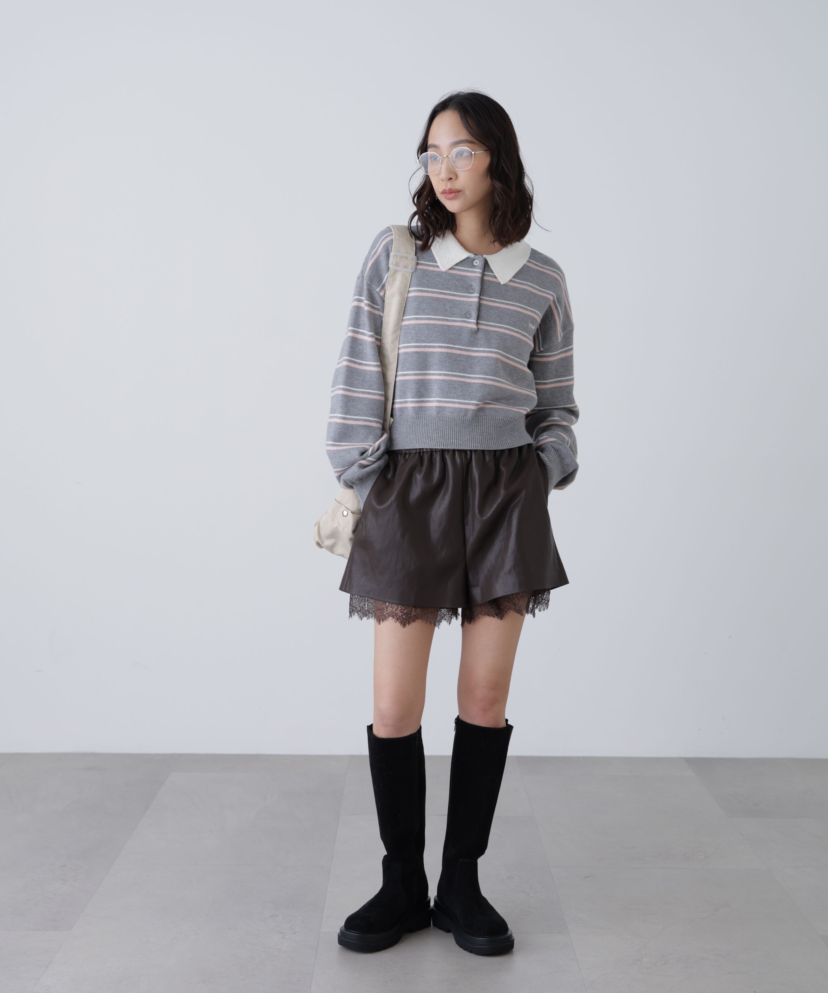  「レースレイヤードエコレザーショートパンツ」|その他|
