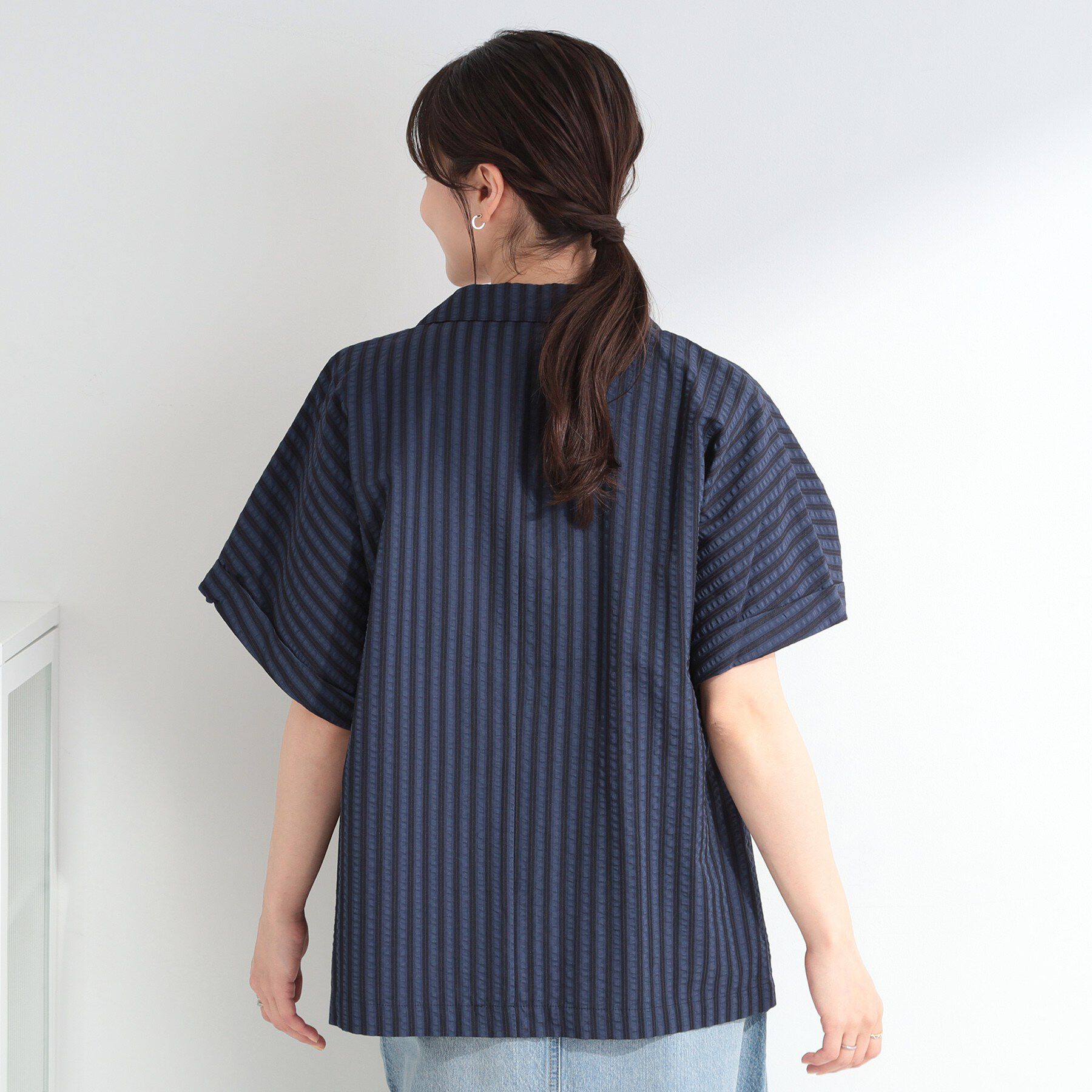 SHOO･LA･RUE「【S-LL/吸水速乾/セットアップ可】羽織るだけで主役になる サッカーストライプシャツジャケット」|テーラードジャケット|