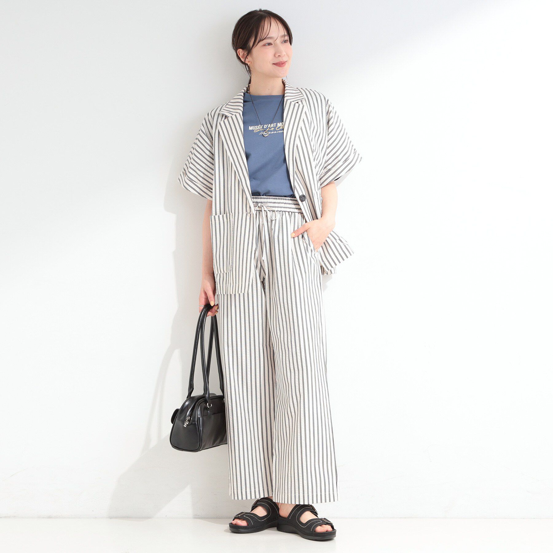 SHOO･LA･RUE「【S-LL/吸水速乾/セットアップ可】羽織るだけで主役になる サッカーストライプシャツジャケット」|テーラードジャケット|