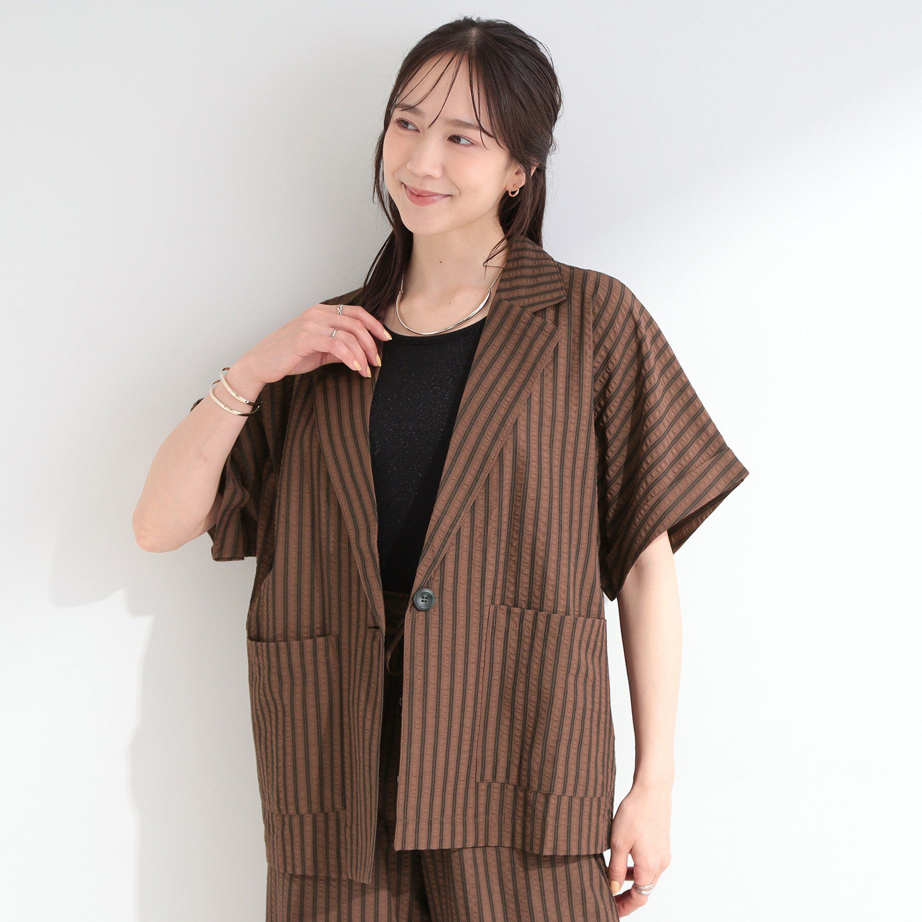 SHOO･LA･RUE「【S-LL/吸水速乾/セットアップ可】羽織るだけで主役になる サッカーストライプシャツジャケット」|テーラードジャケット|