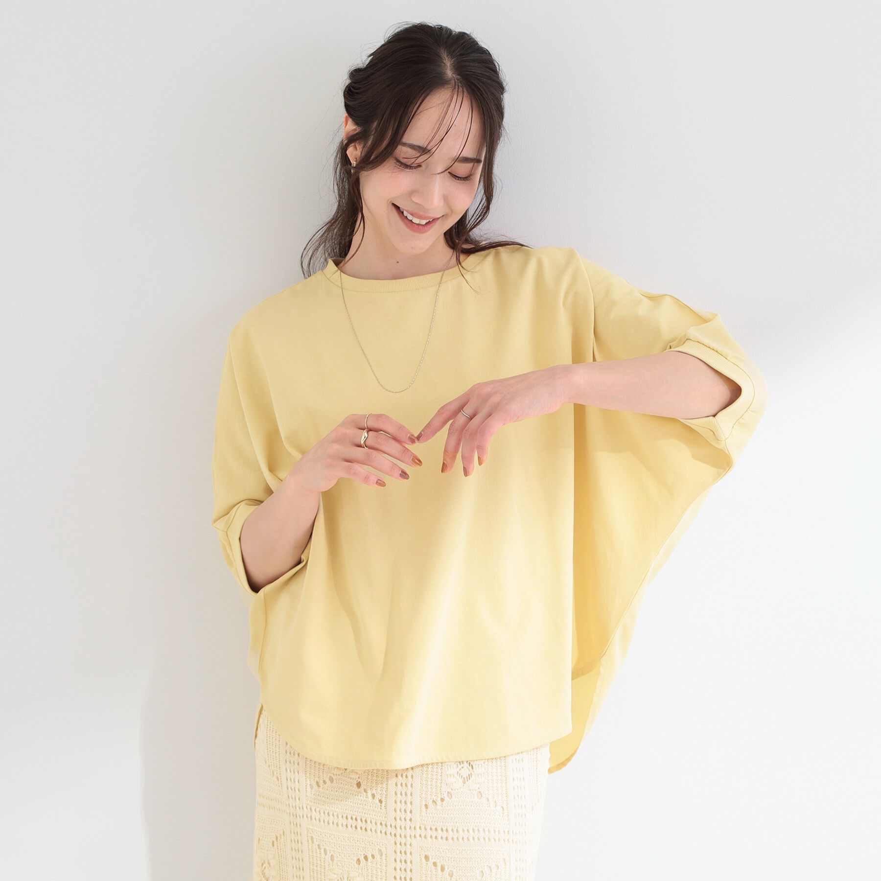 SHOO･LA･RUE「【体型カバー/洗濯機可】二の腕隠れる 前後切替ドルマンTシャツ」|Tシャツ・カットソー|