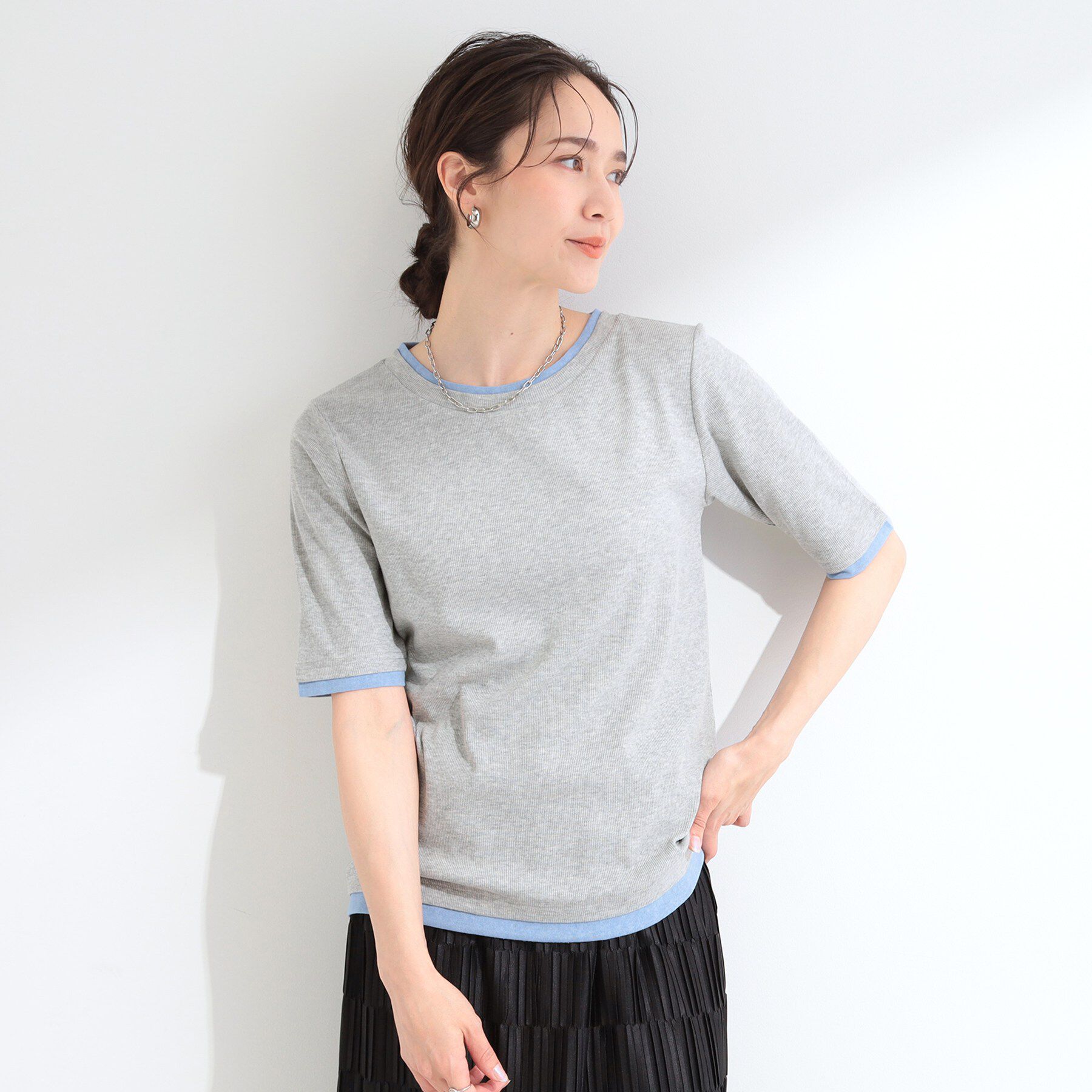 SHOO･LA･RUE「【S-LL/洗濯機可】二の腕隠れる 配色レイヤード風 5分袖Tシャツ」|Tシャツ・カットソー|